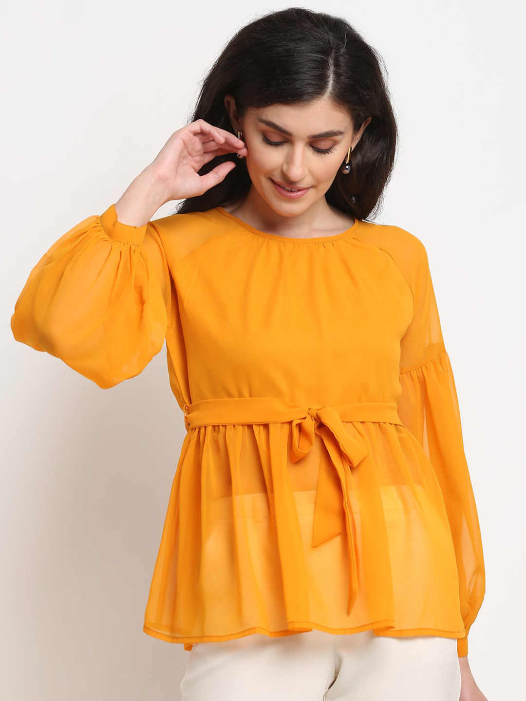 La Zoire Mustard Yellow Sheer Georgette Cinched Waist Top