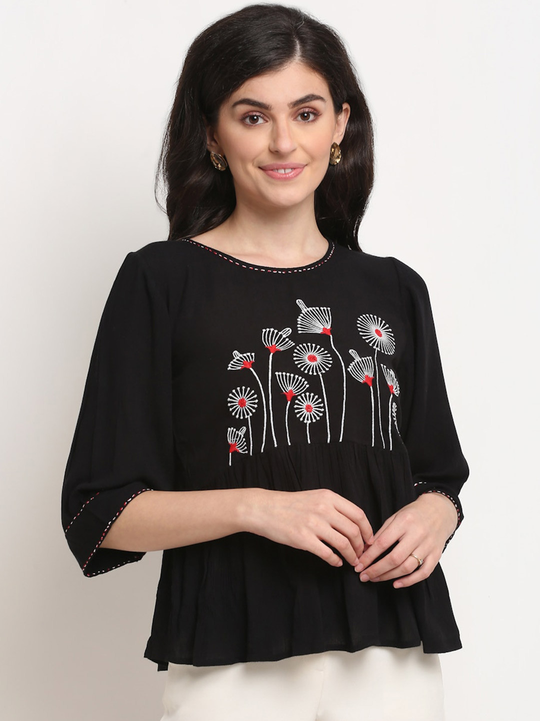 La Zoire Black Floral Embroidered Top