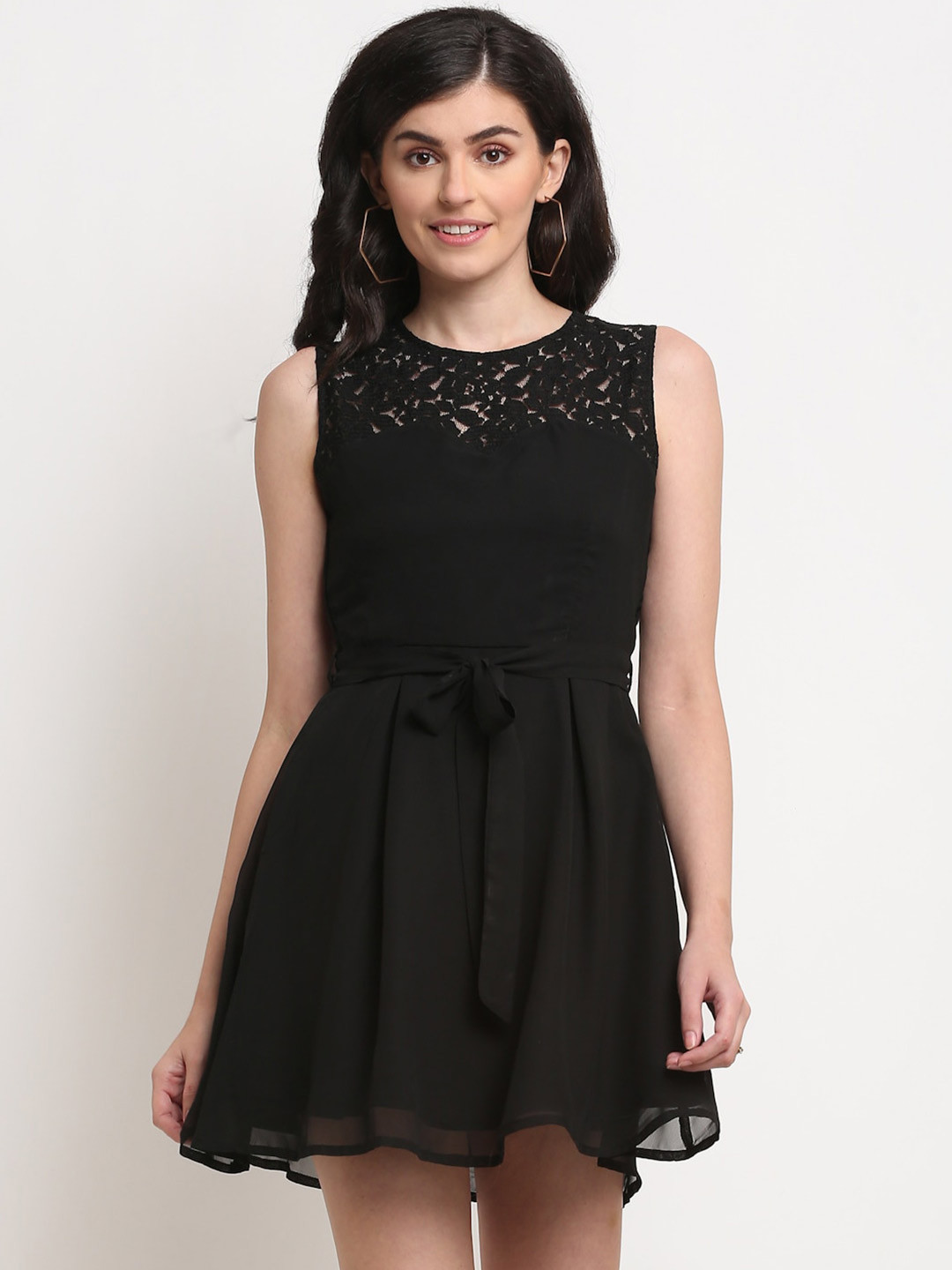 La Zoire Black Lace Belted Georgette Dress