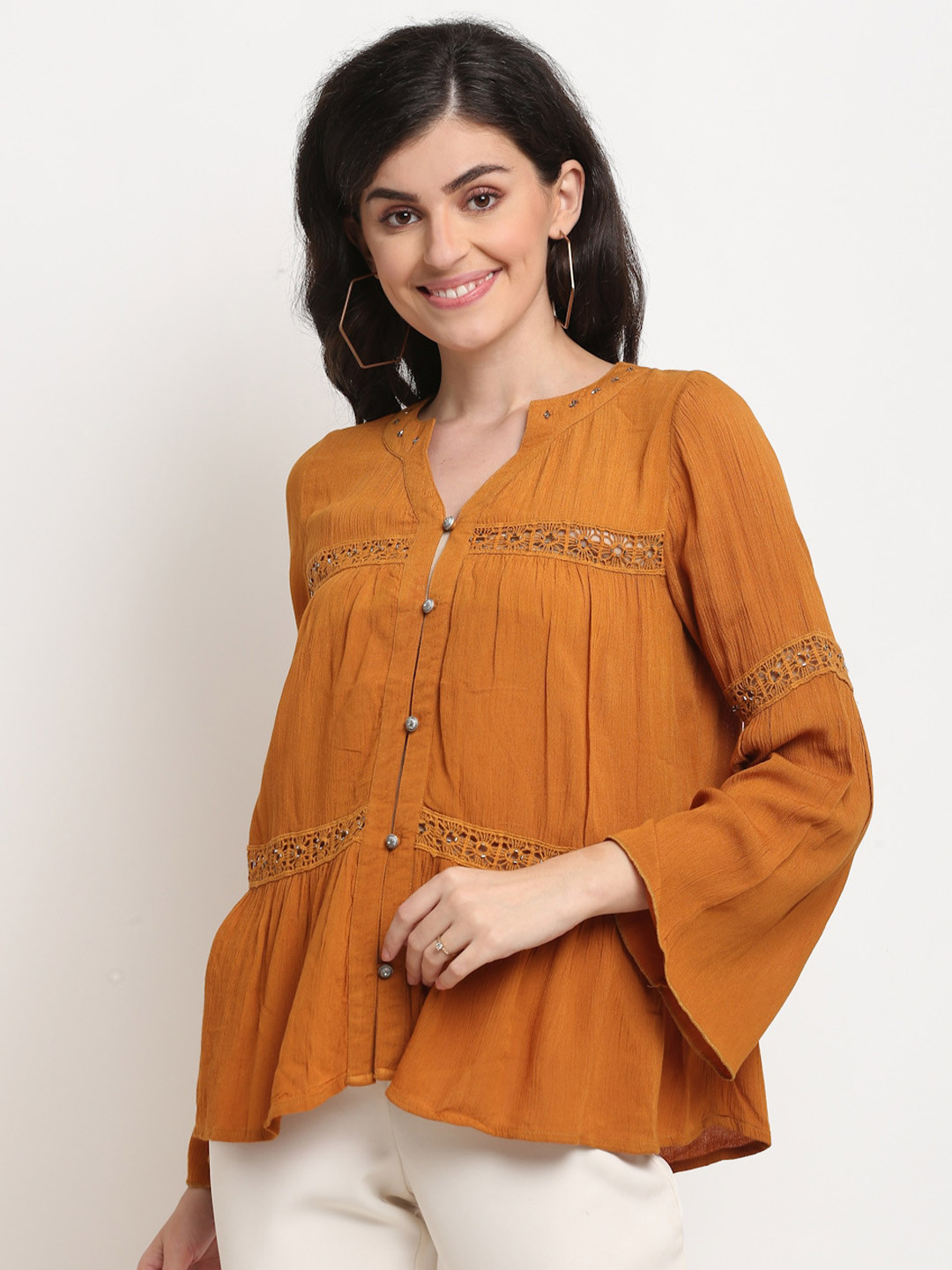La Zoire Mustard Yellow Mandarin Collar Top