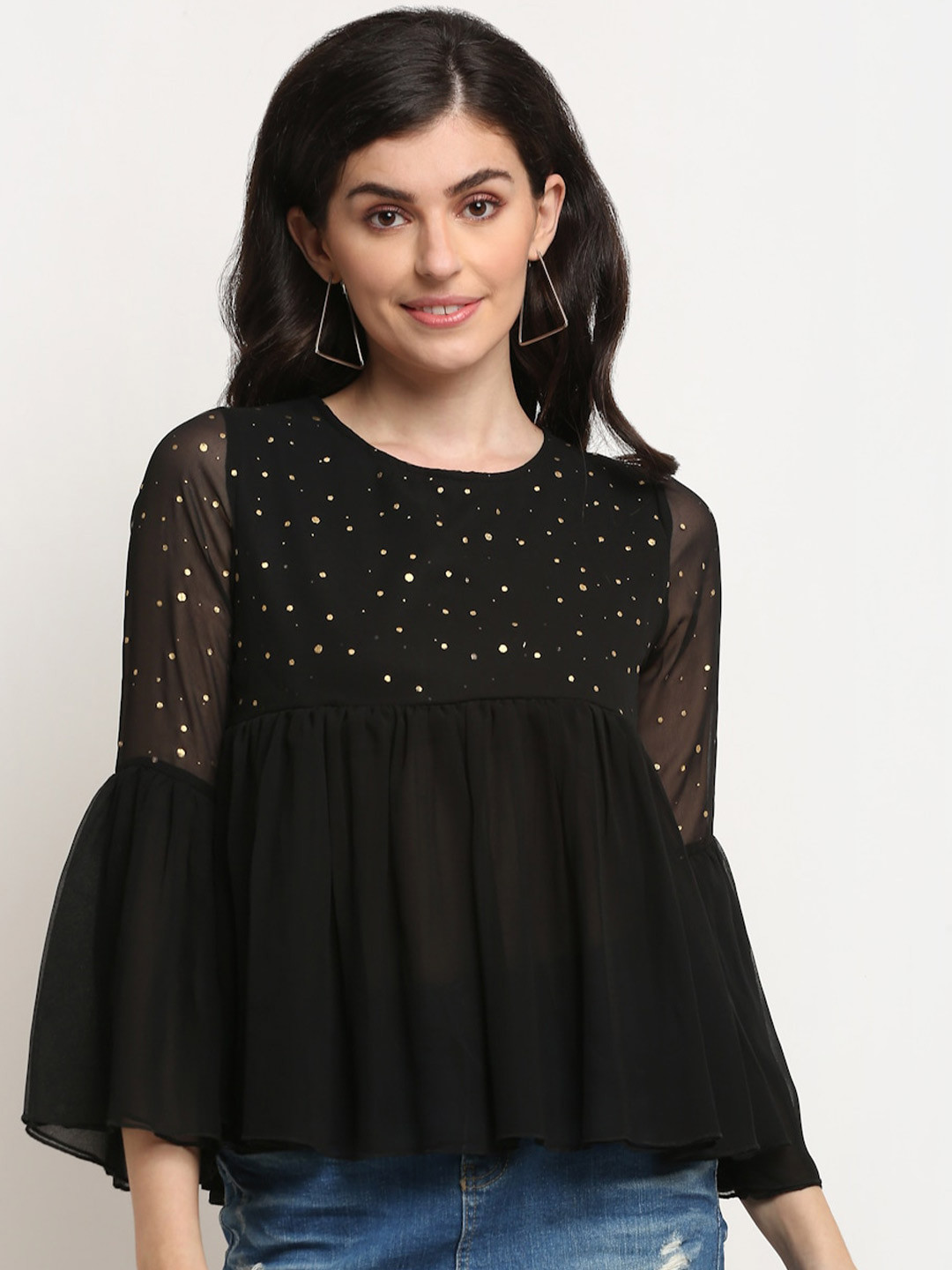 La Zoire Black & Gold-Toned Foil Printed Bell Sleeves Georgette Empire Top