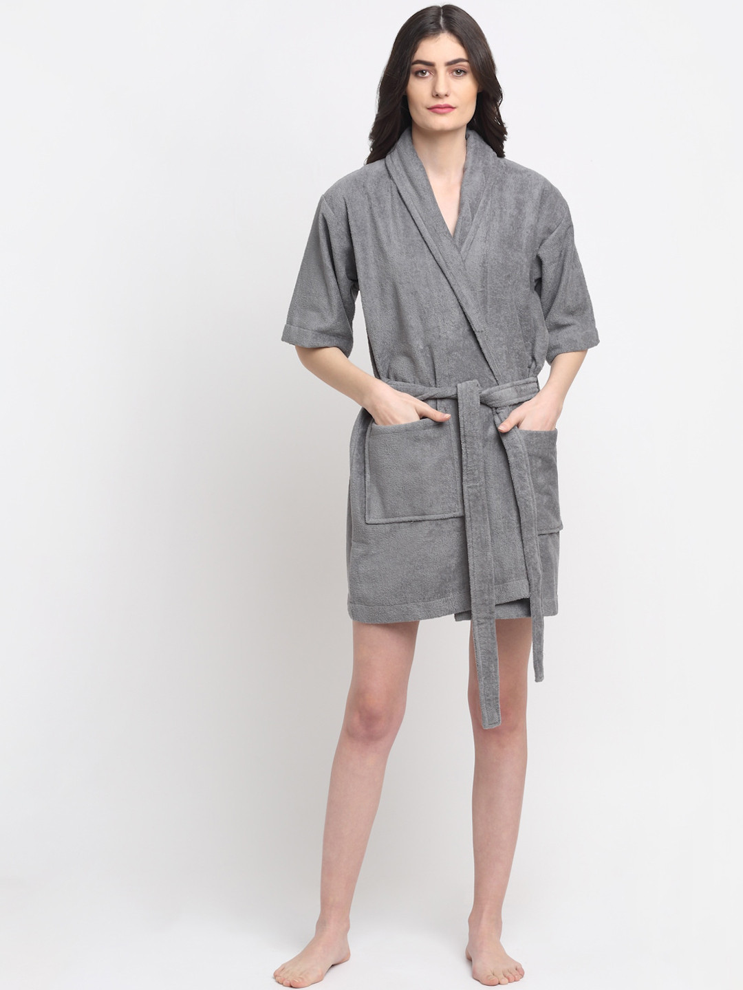 Creeva 380 GSM, Luxury Grey Solid Cotton Drawstring Mini Bath Robe-S