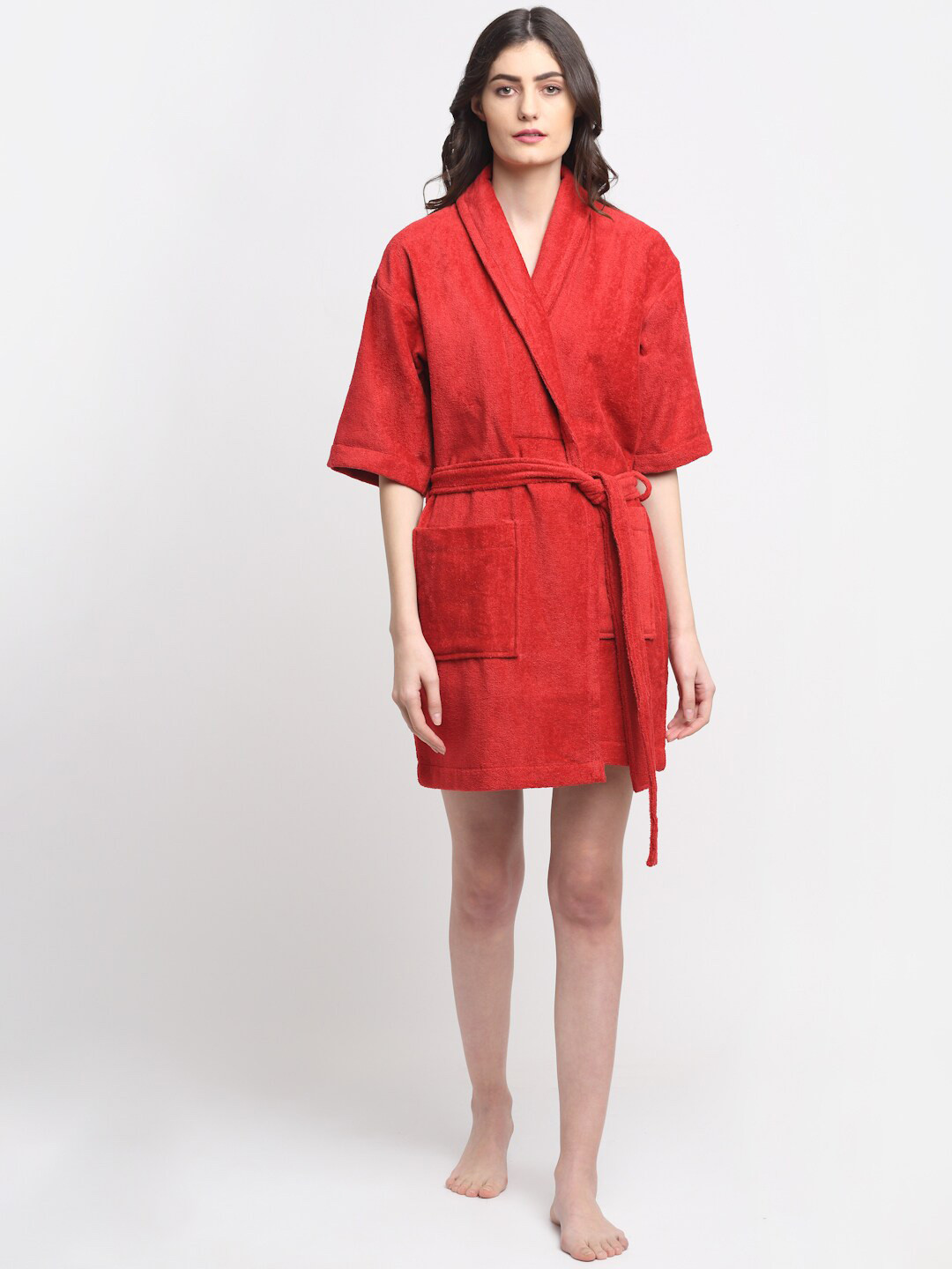 Creeva 380 GSM, Luxury Red Solid Cotton Drawstring Mini Bath Robe-S