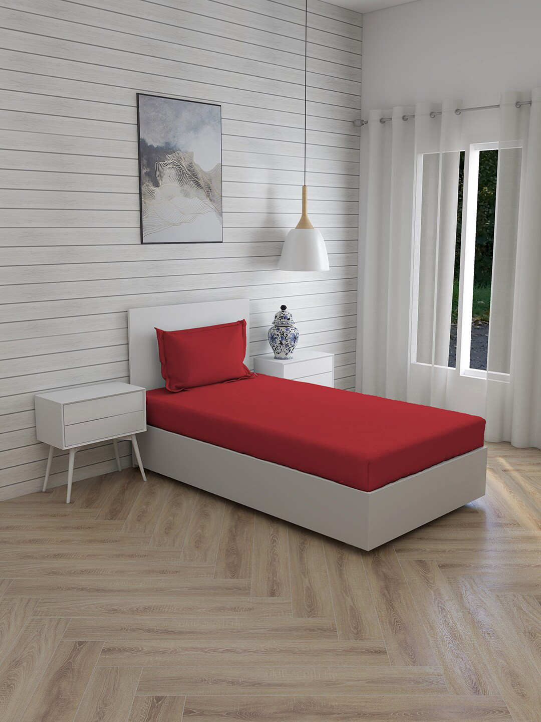 Layers Red 144 TC Single Solid Bed Sheet with 1 Pillow Covers