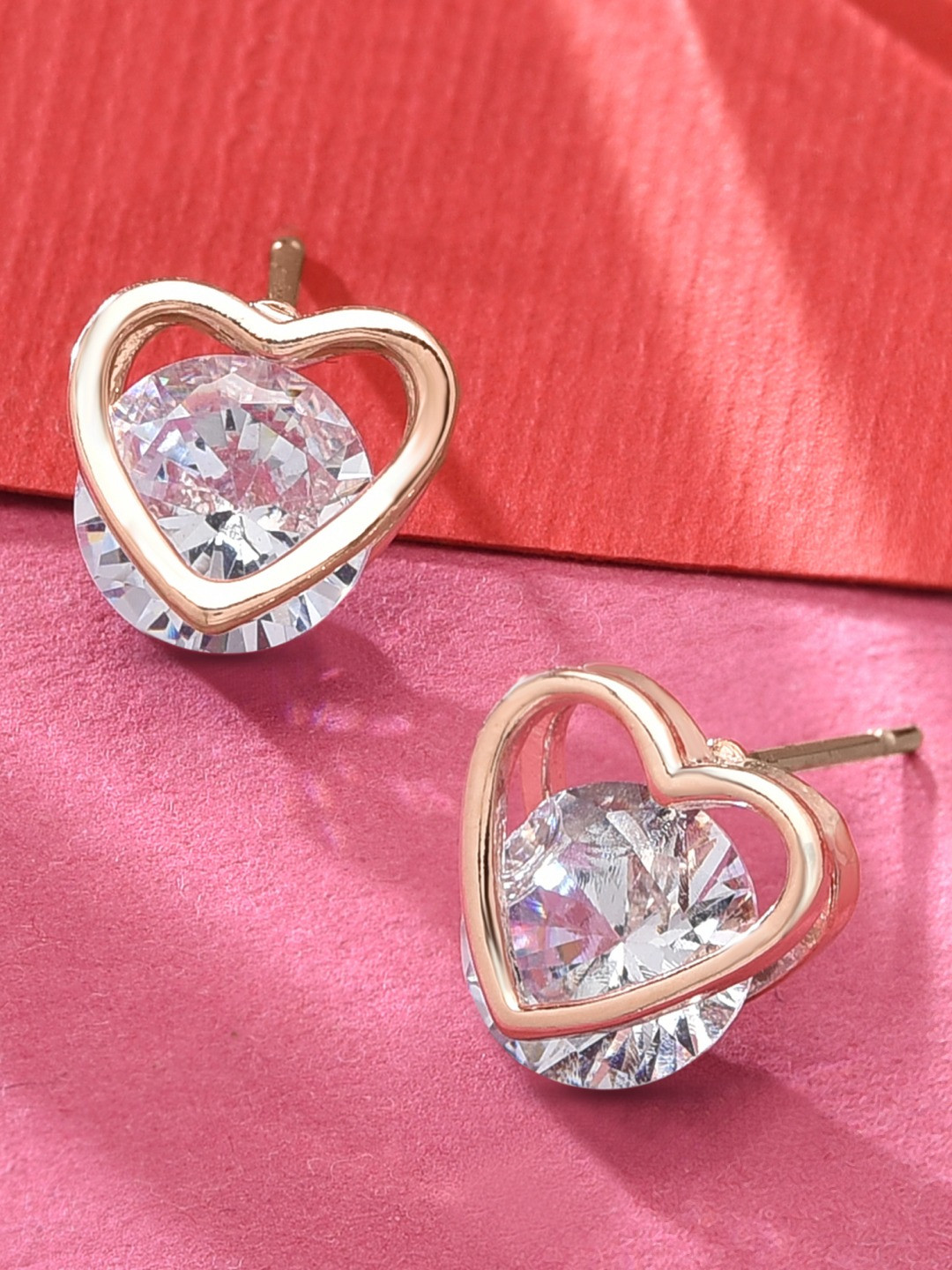 AMI Rose Gold-Plated & White Cubic Zirconia Heart Shaped Studs Earrings