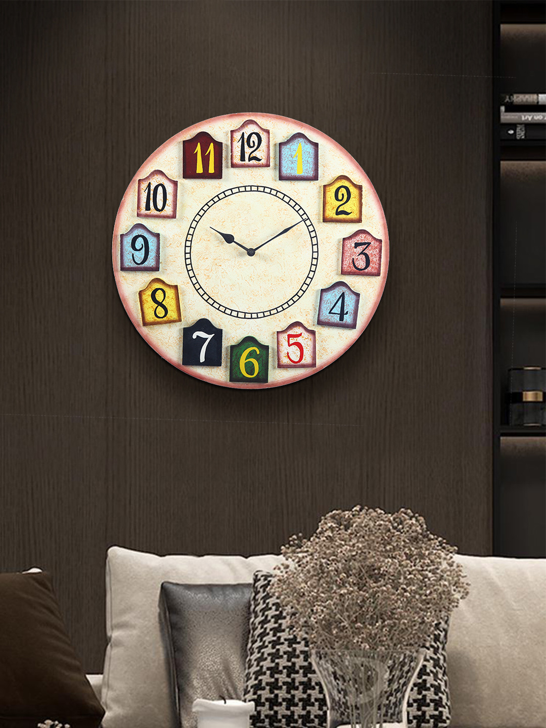 Aapno Rajasthan White MDF Hand-Painted Round Battery Analogue Wall Clock-45cm