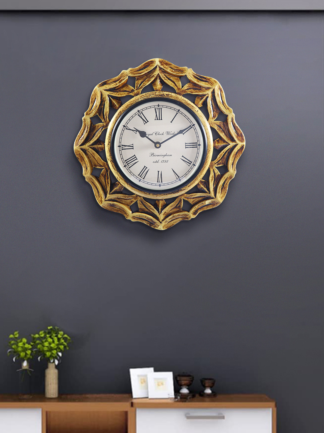 Aapno Rajasthan Brown & Mustard Floral Contemporary Handcrafted Analogue Wall Clock