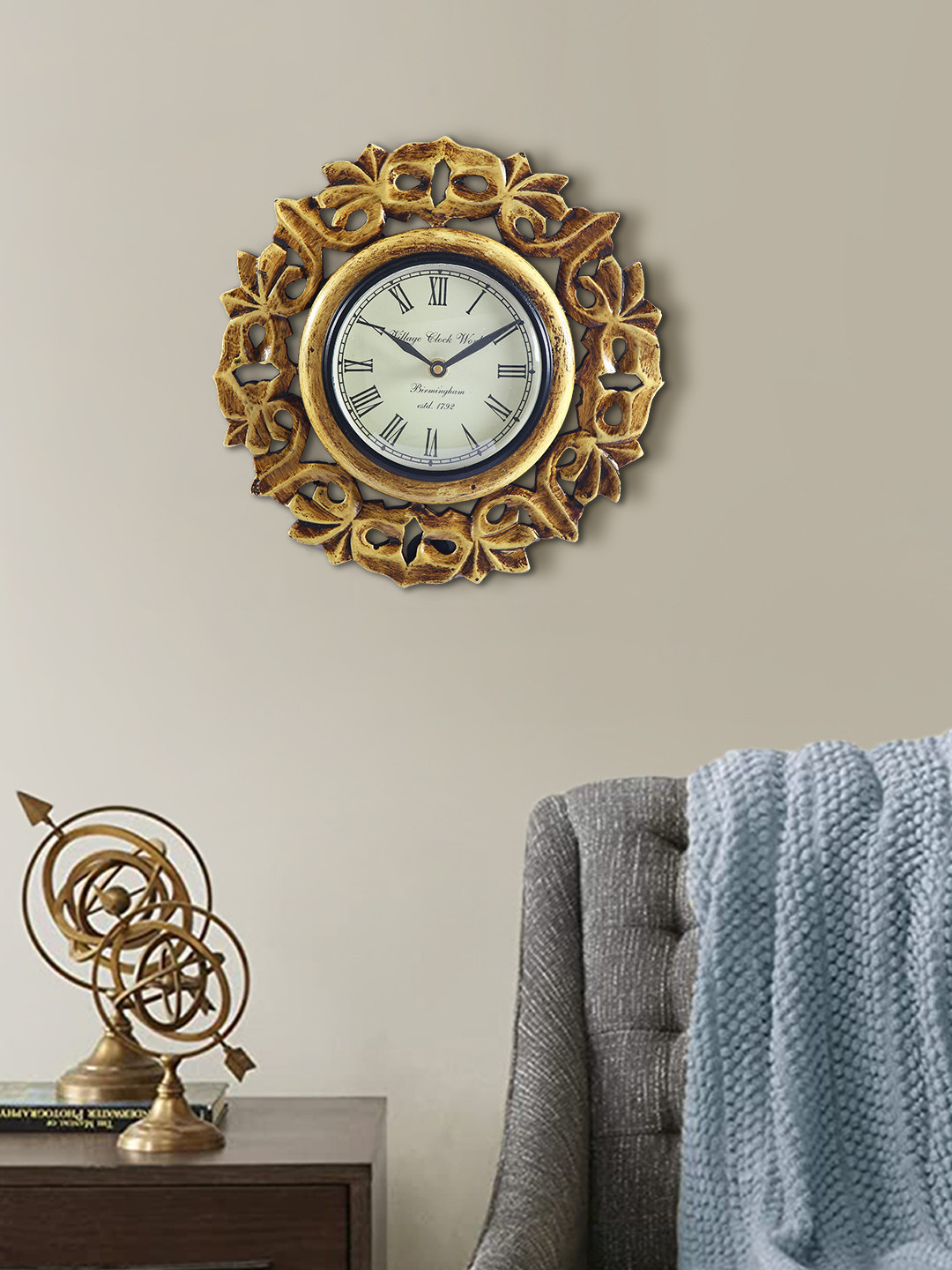 Aapno Rajasthan Gold MDF Large Display Floral Battery Analogue Wall Clock