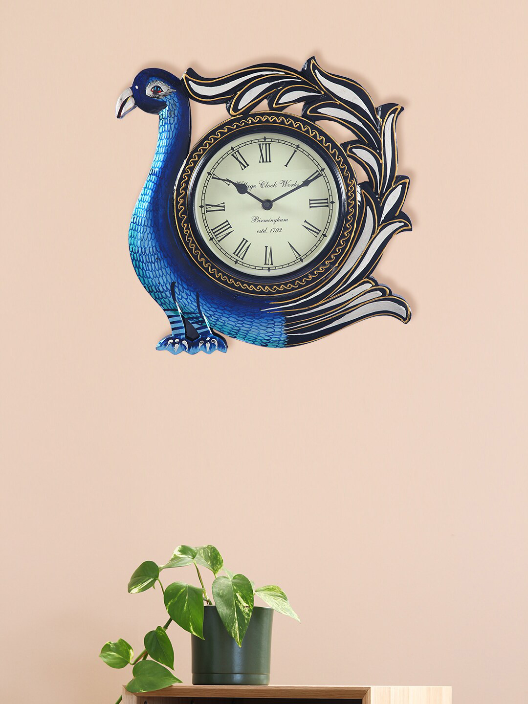 Aapno Rajasthan Blue & Black Textured Animal Shaped Traditional Wall Clock