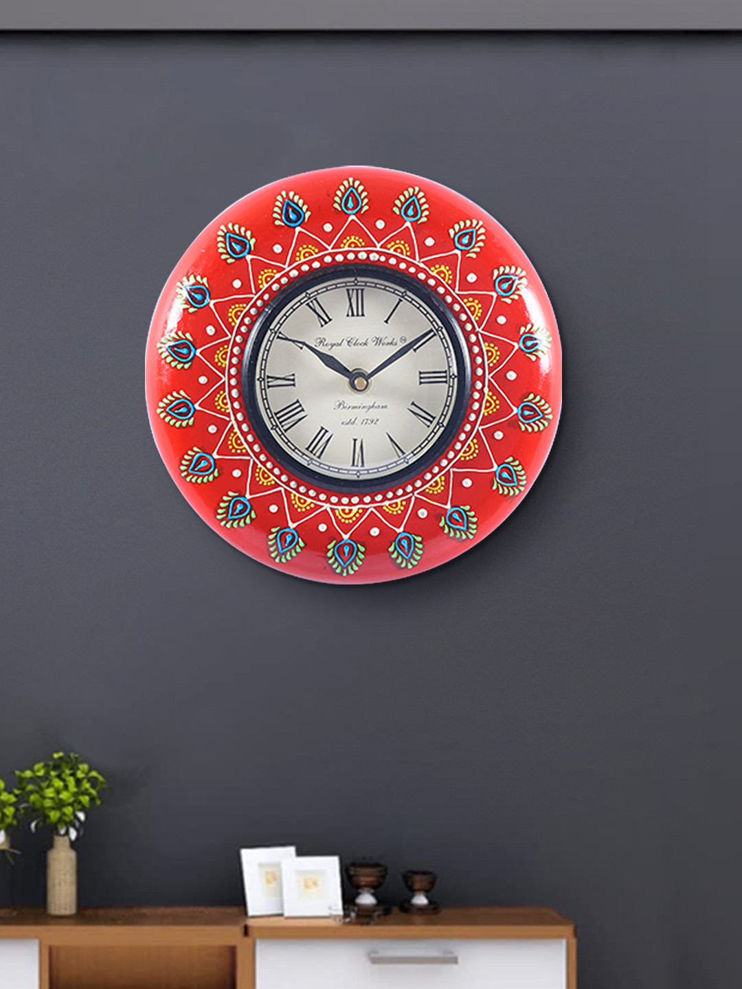 Aapno Rajasthan Red MDF Hand-Painted Round Battery Analogue Wall Clock-19.5cm