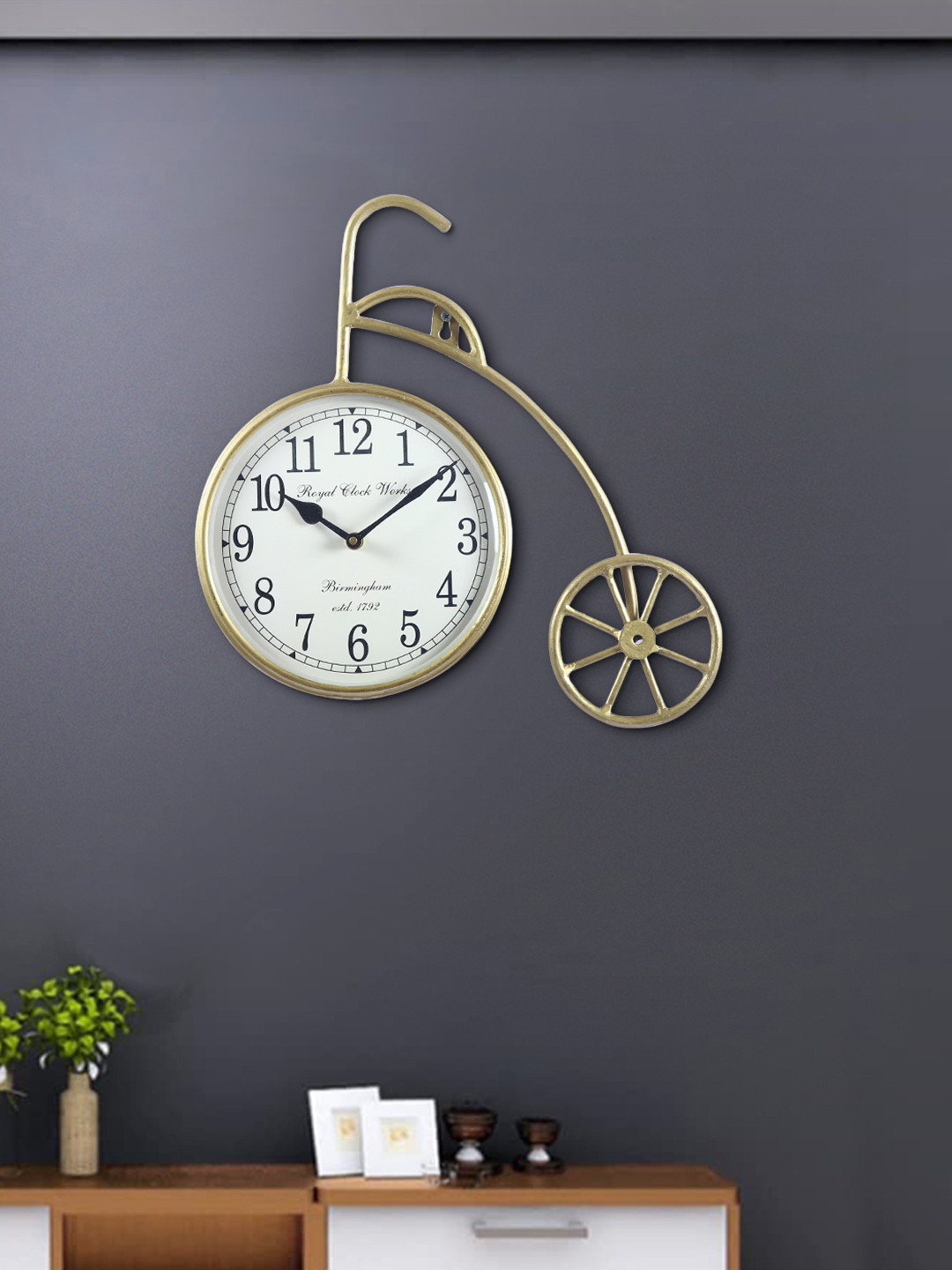 Aapno Rajasthan Gold-Toned & White Bicycle Wall Clock