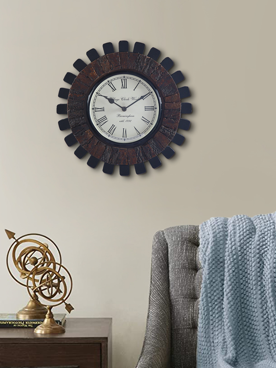 Aapno Rajasthan Sun Navy Blue MDF Large Display Round Battery Analogue Wall Clock-24cm