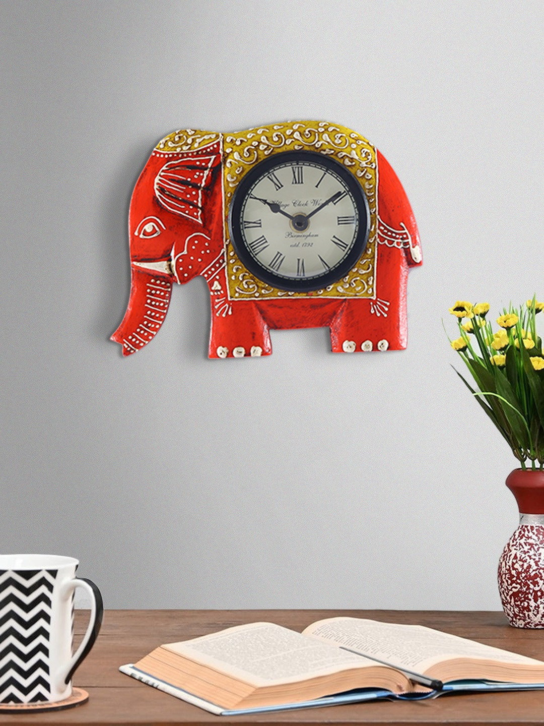 Aapno Rajasthan Unisex Orange & Yellow Elephant Design Contemporary Analogue Wall Clock
