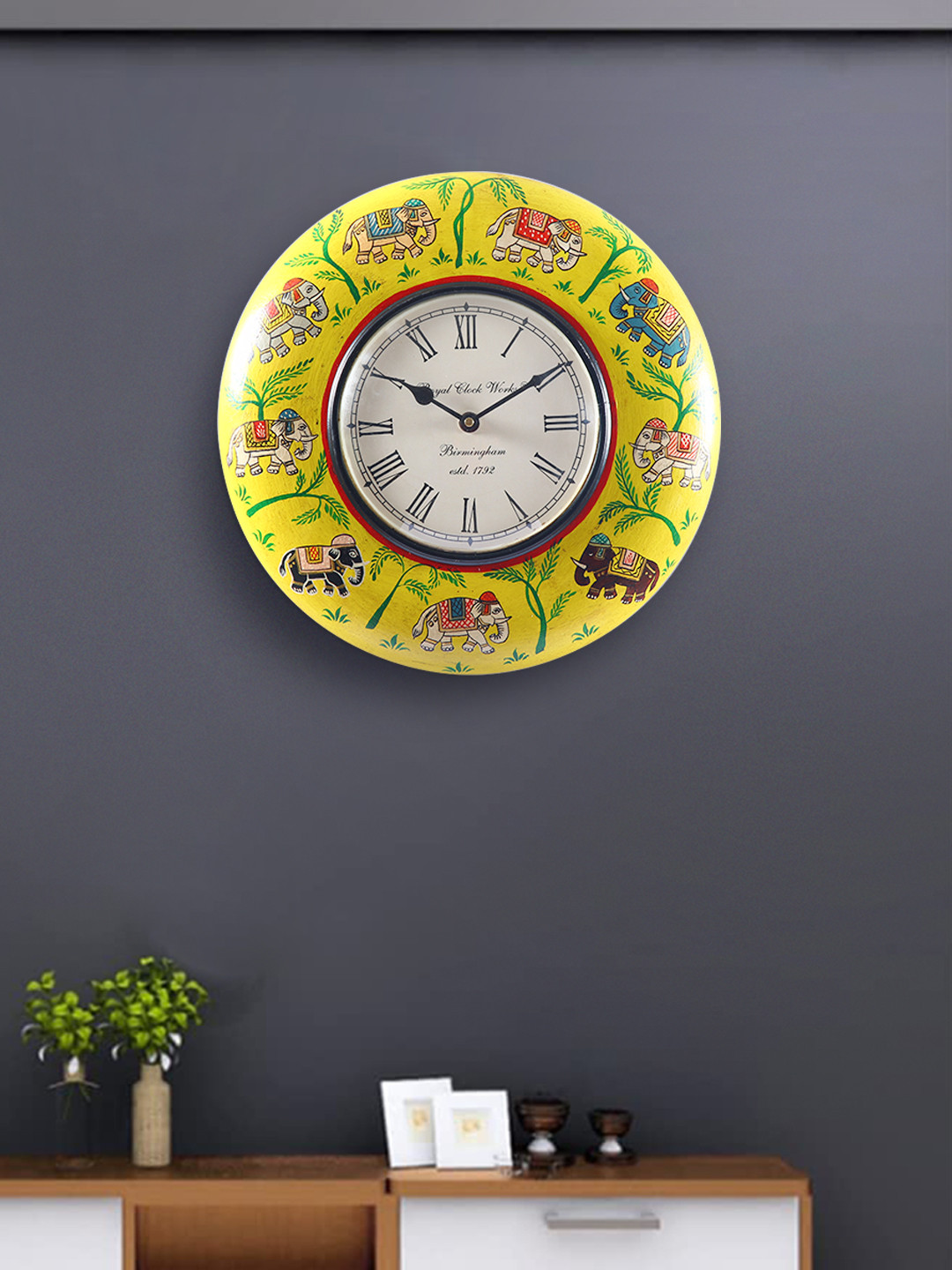 Aapno Rajasthan Traditional Yellow MDF Handcrafted Round Battery Analogue Wall Clock-29cm