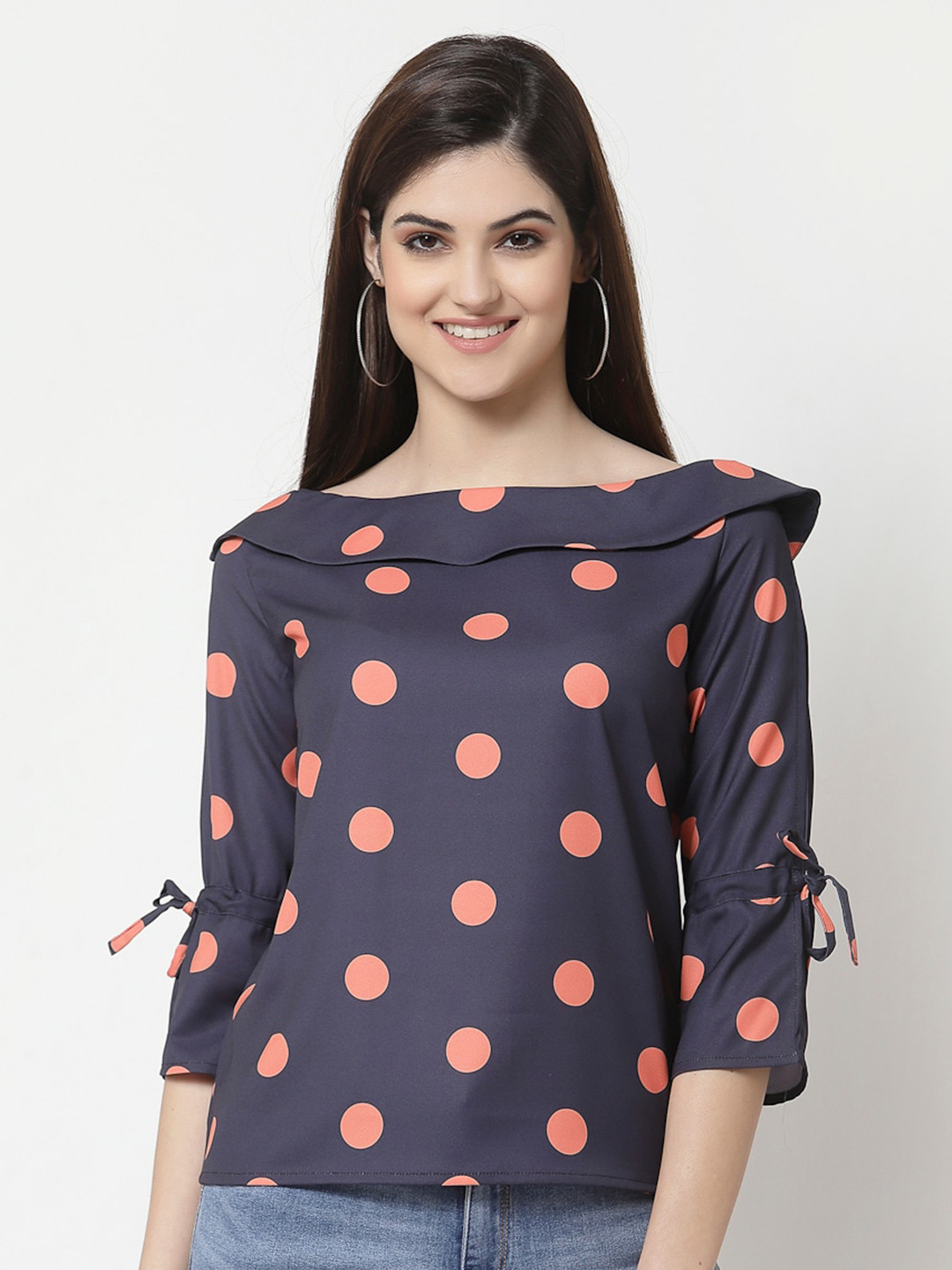 Style Quotient Navy Blue & Coral Print Crepe Top