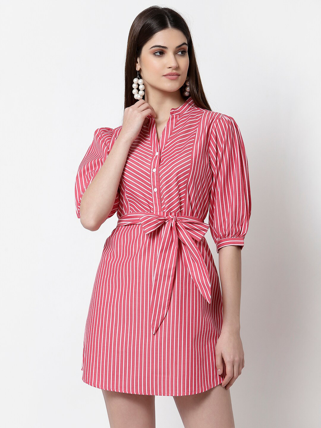 Style Quotient Red Striped Cotton Shirt Mini Dress