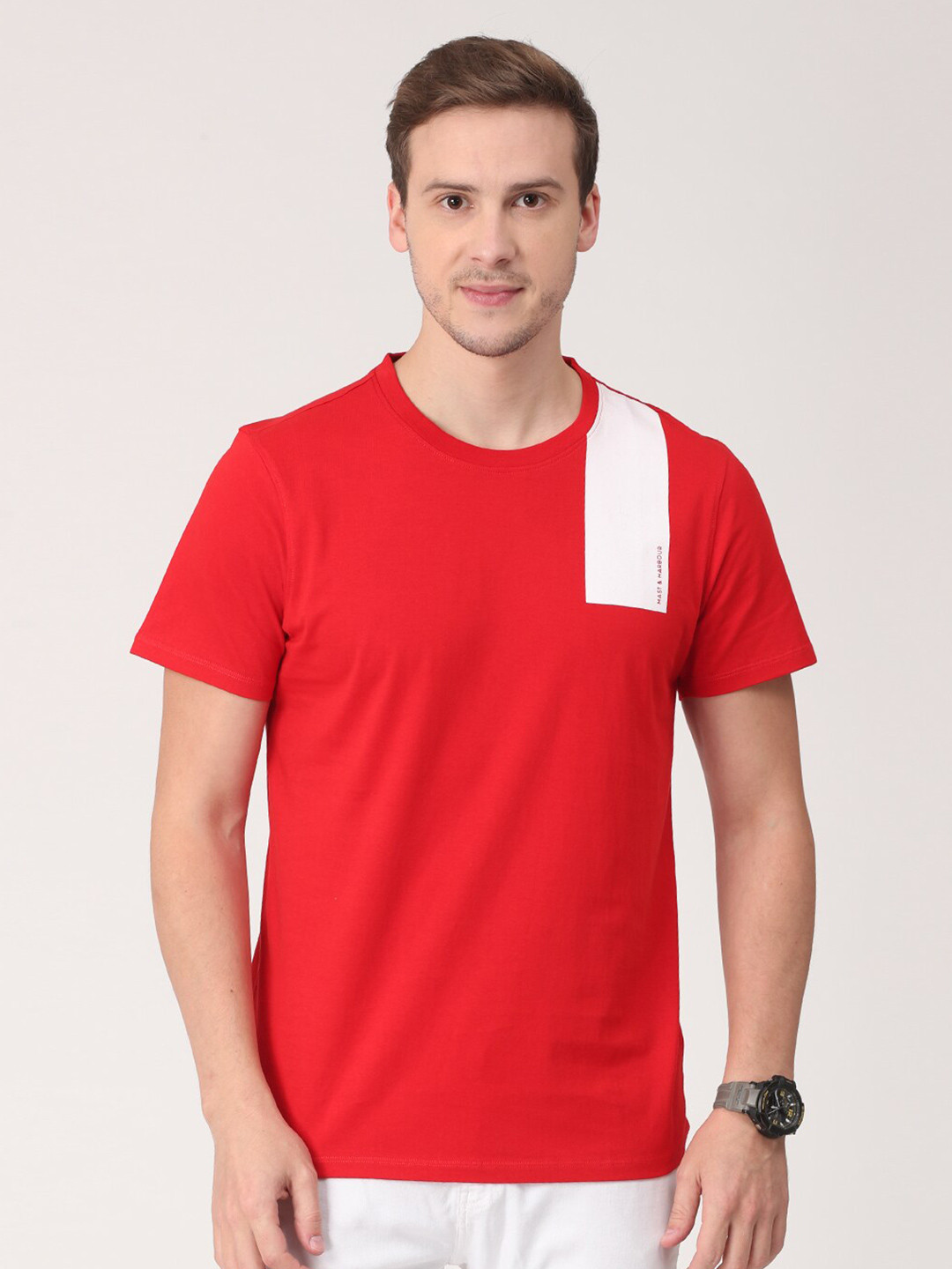 Mast & Harbour Men Red & White Crew Neck T-shirt