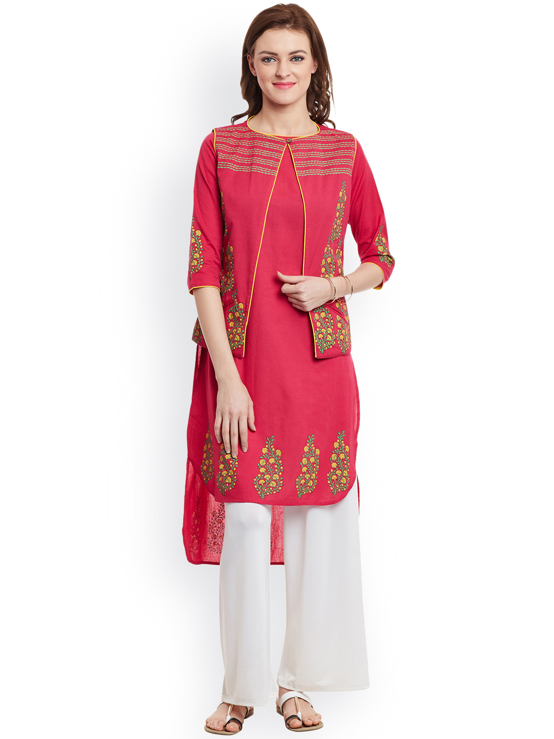 Bitterlime Women Pink Block Print Kurta with Jacket