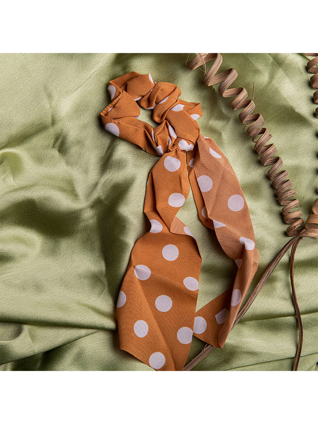 Jewelz Women Orange & White Polka Dots Printed Ponytail Holder