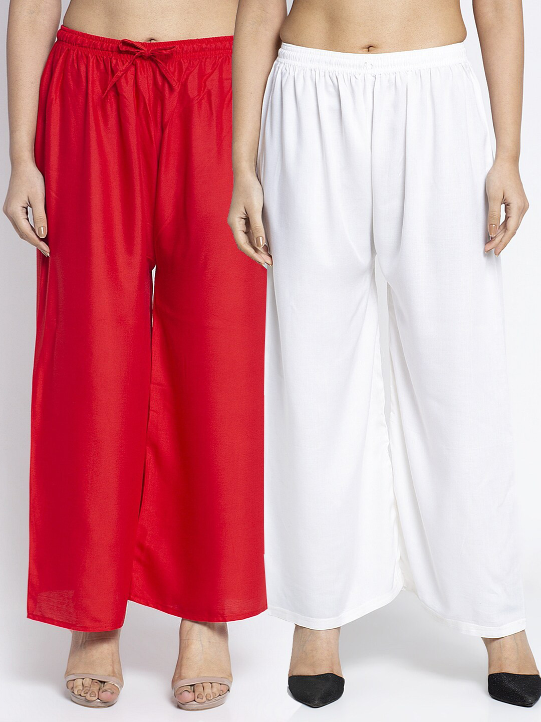 Jinfo Women Red & White Flared Ethnic Palazzos Set Of 2