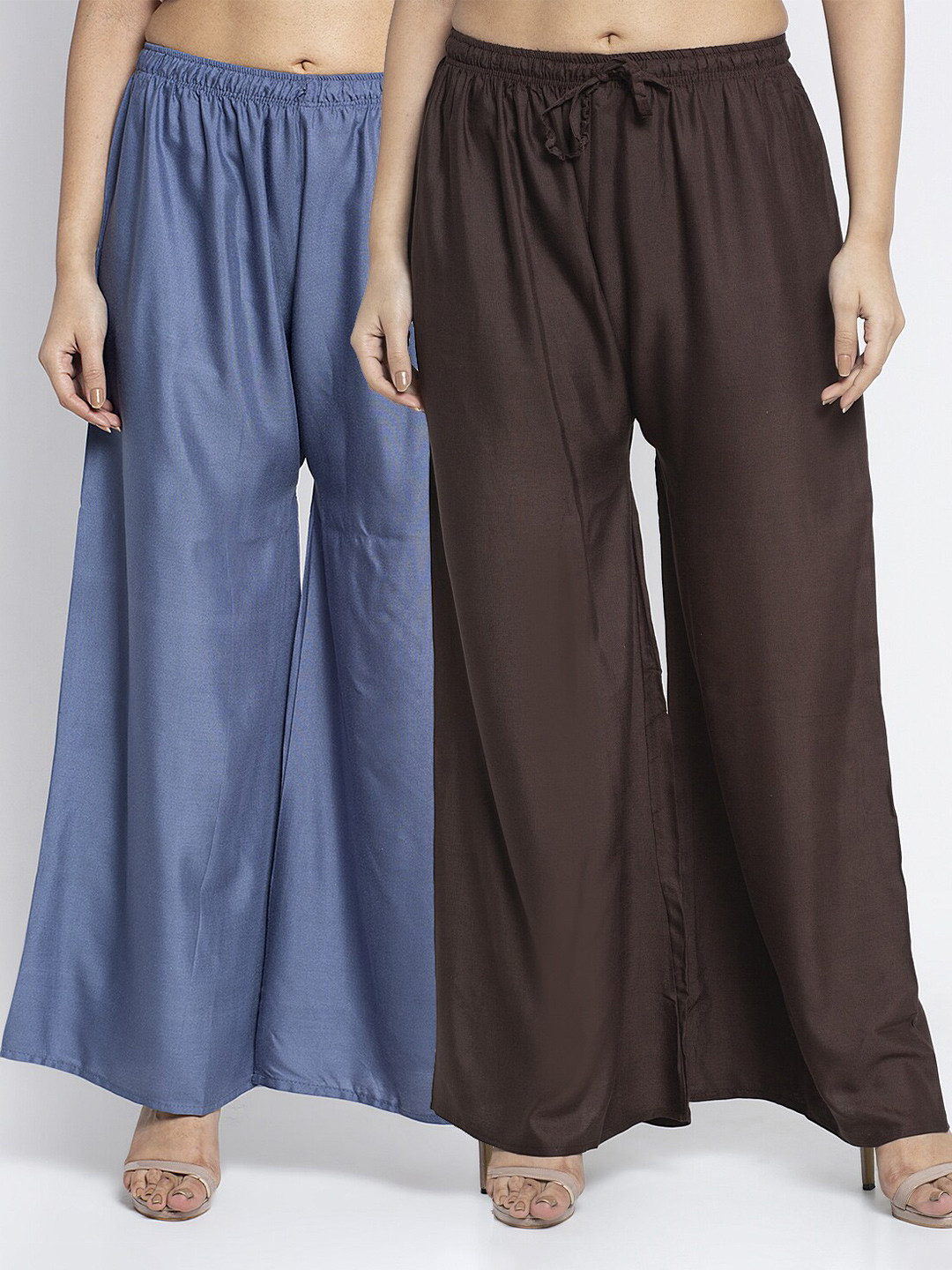 Jinfo Women Grey & Coffee Brown Set of 2 Solid Flared Ethnic Palazzos