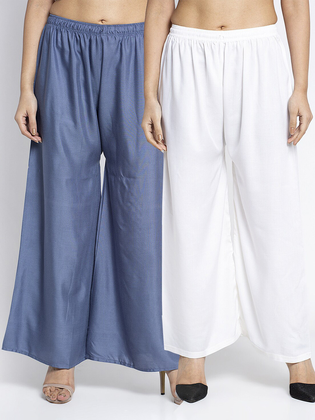 Jinfo Women Pack of 2 Grey & White Flared Knitted Palazzos