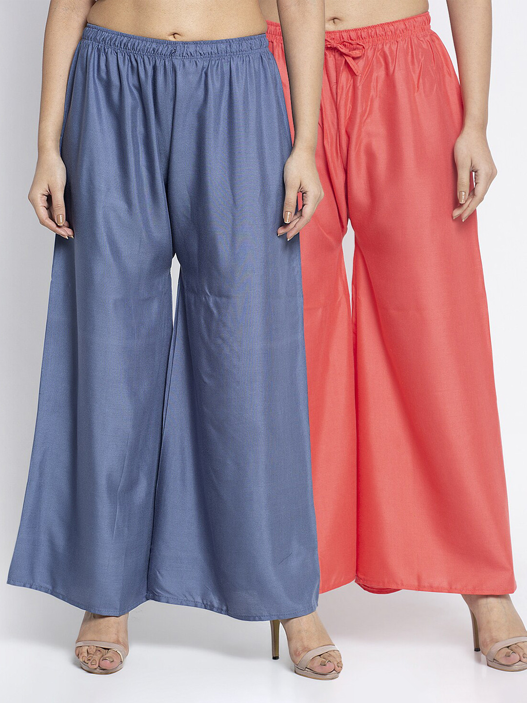 Jinfo Women Pack of 2 Grey & Coral Flared Knitted Palazzos