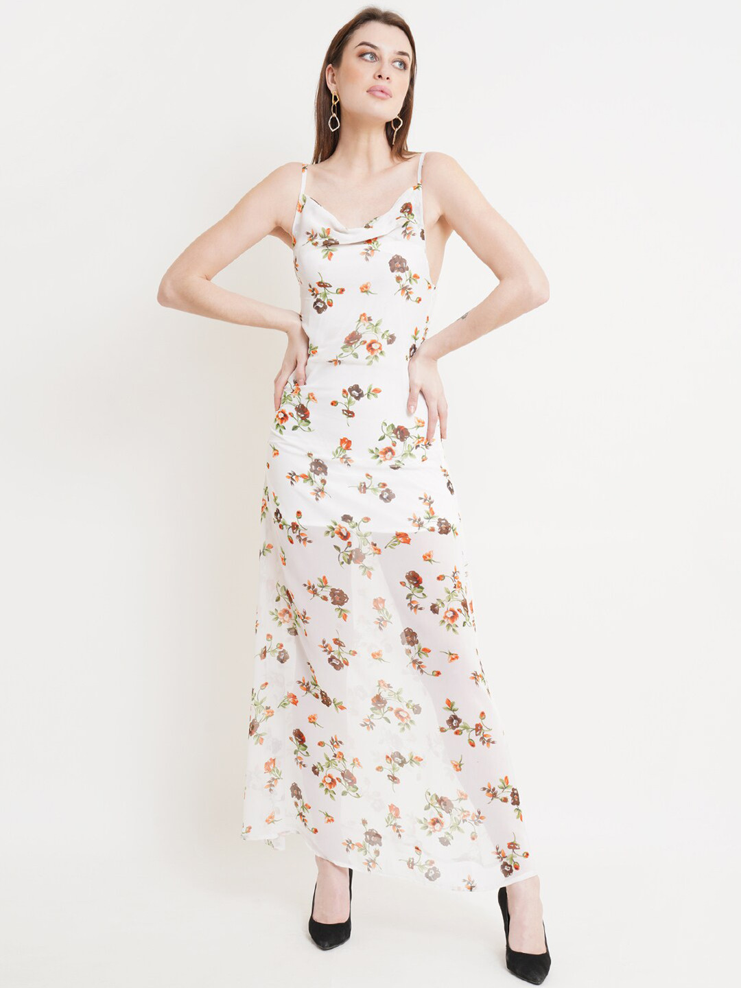 DODO & MOA Off White & Multicoloured Floral Printed Georgette Maxi Dress