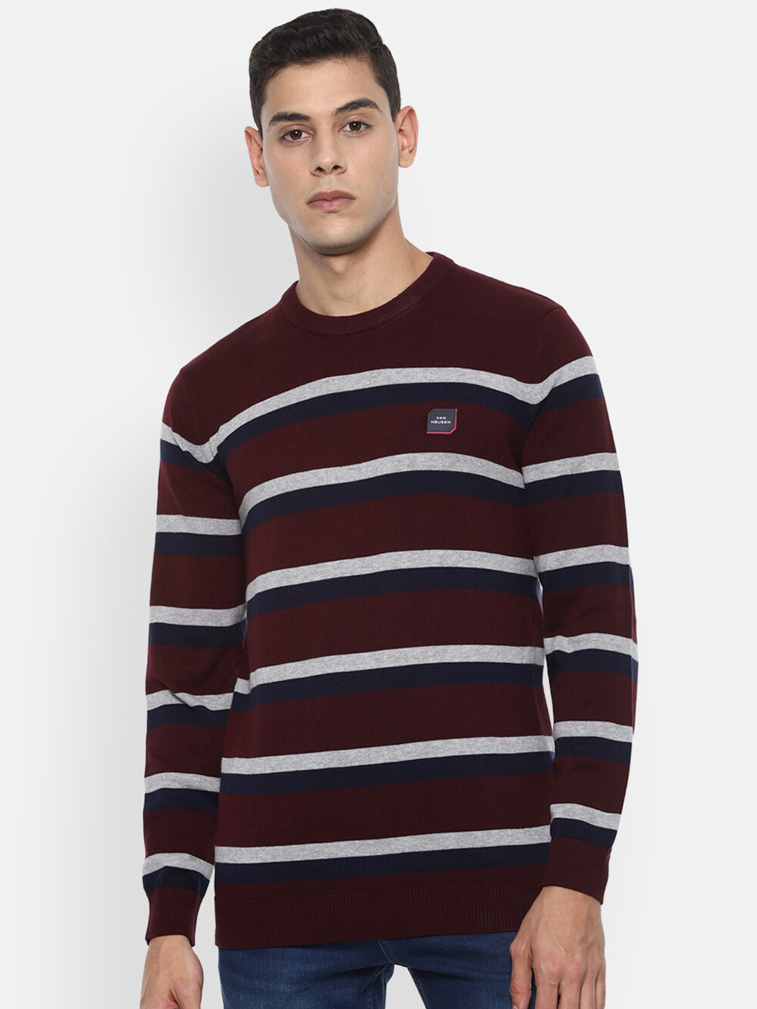 Van Heusen Sport Men Cotton Maroon & Grey Striped Pullover