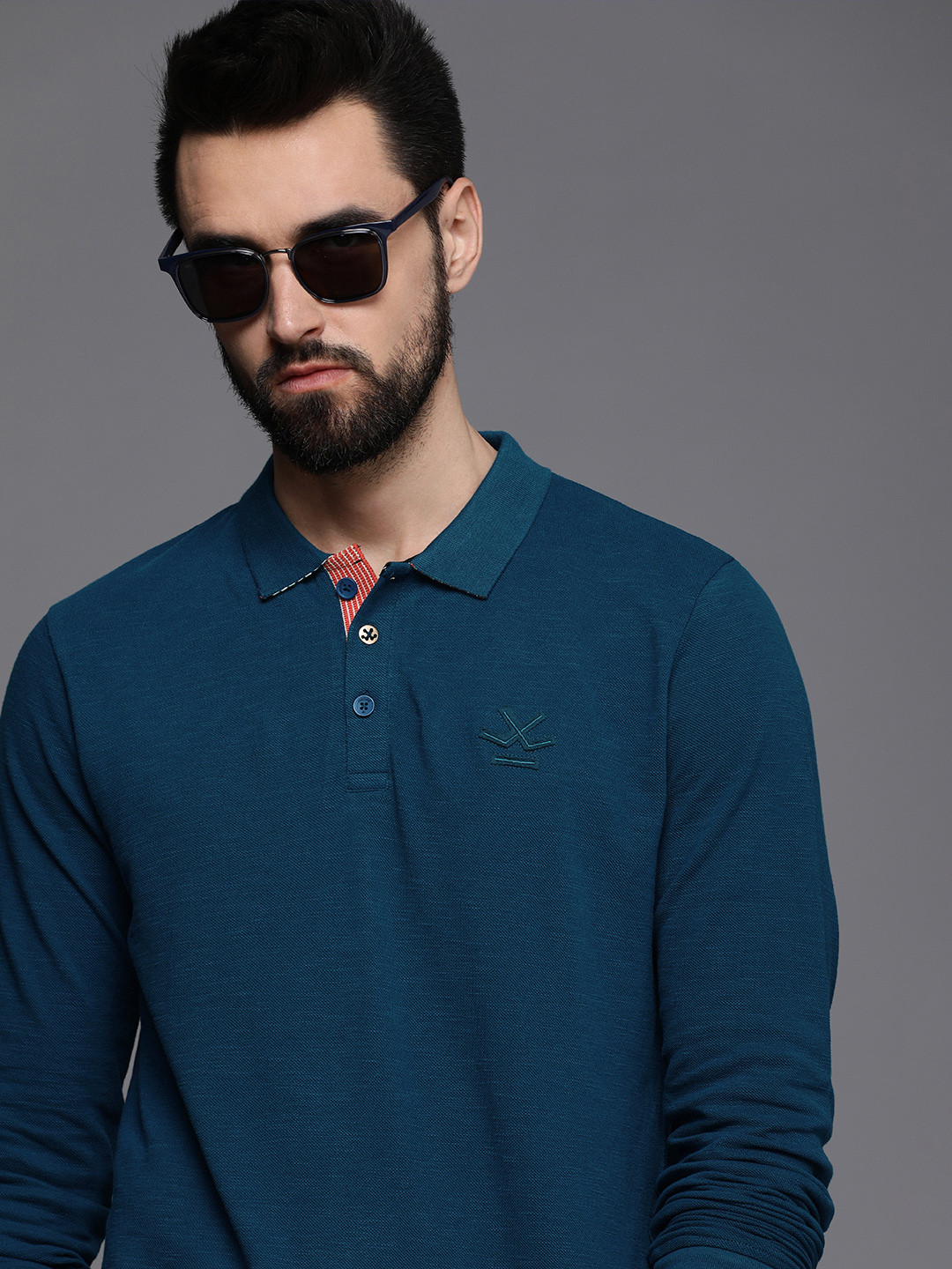 WROGN Men Teal Blue Polo Collar Slim Fit Cotton T-shirt