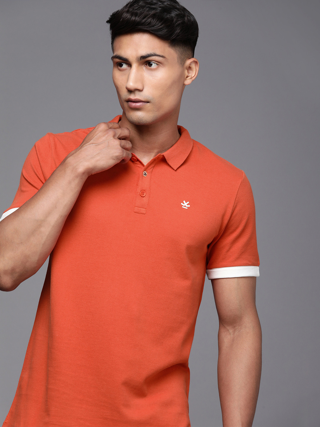 WROGN Men Red Solid Polo Collar Pure Cotton Slim Fit T-shirt