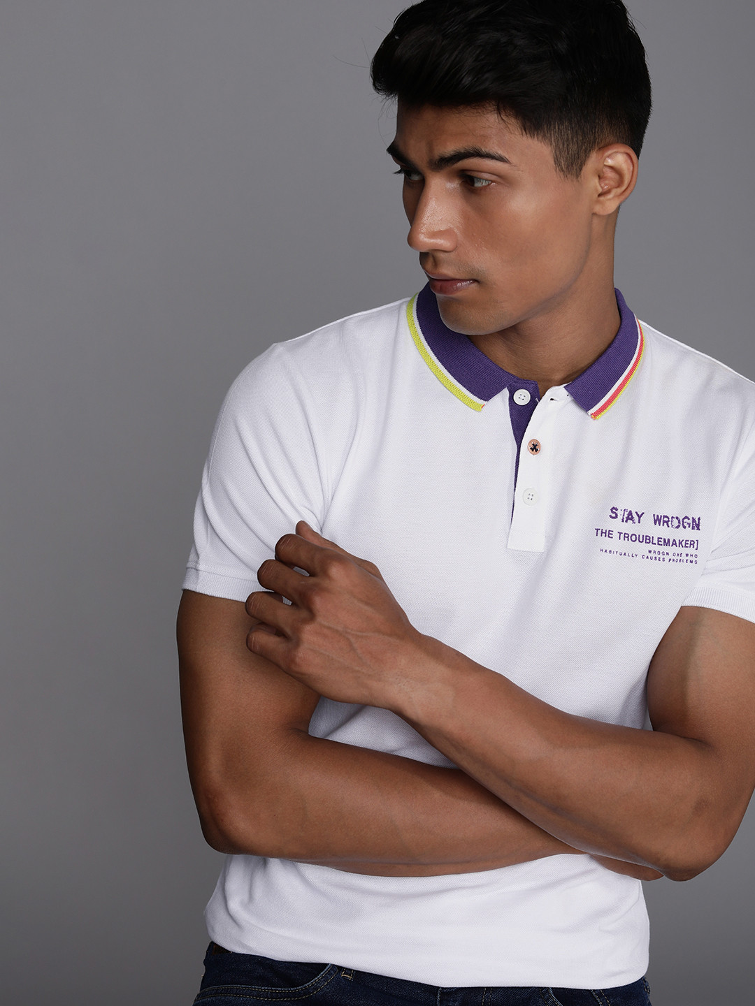 WROGN Men White & Purple Printed Polo Collar  Cotton Slim Fit T-shirt