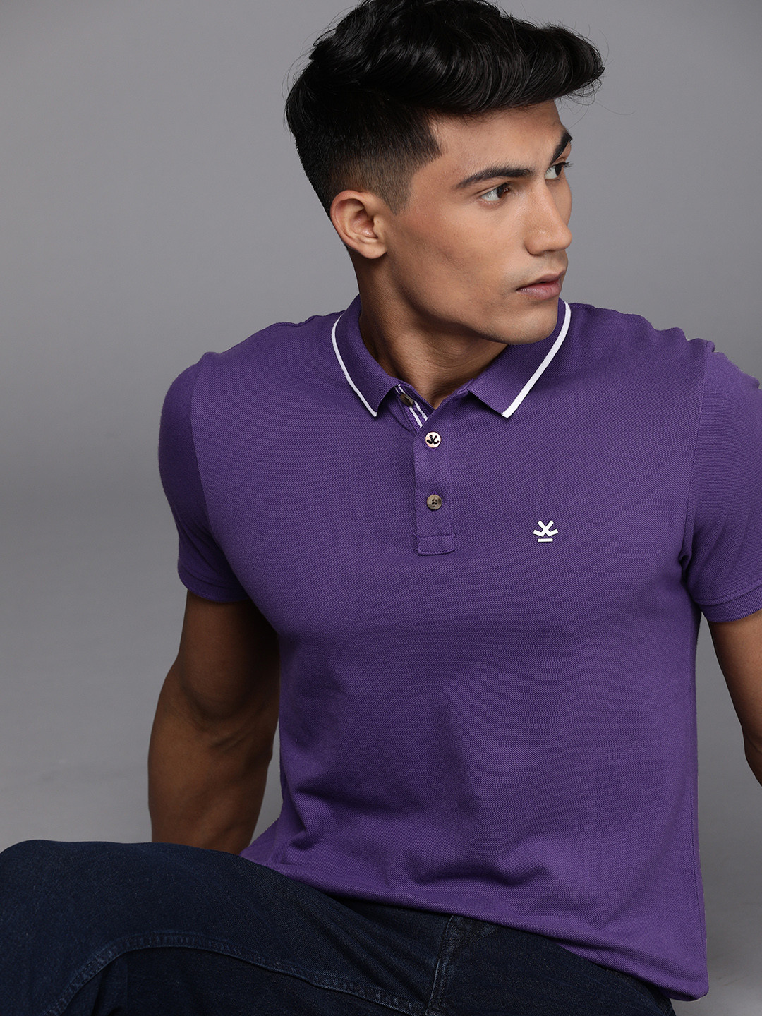 WROGN Men Purple Solid Polo Collar Slim Fit T-shirt