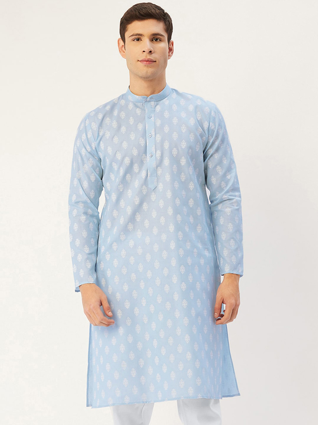 Jompers Men Blue & White Ethnic Motifs Printed Kurta