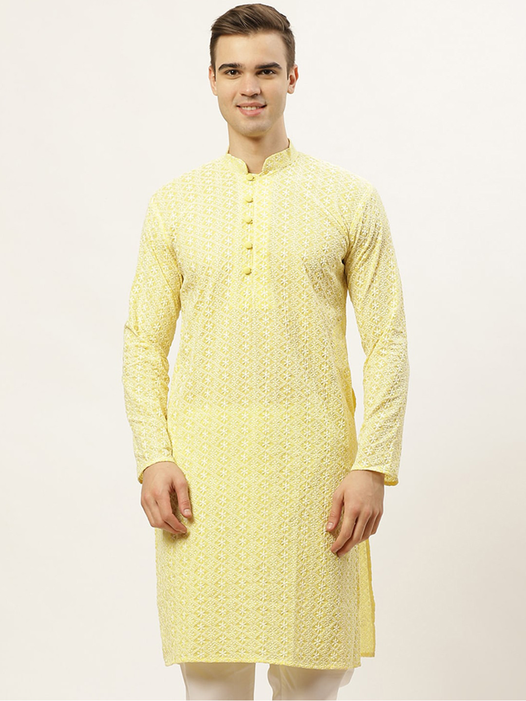 Jompers Men Yellow Thread Work Embroidered Chikankari Pure Cotton Kurta