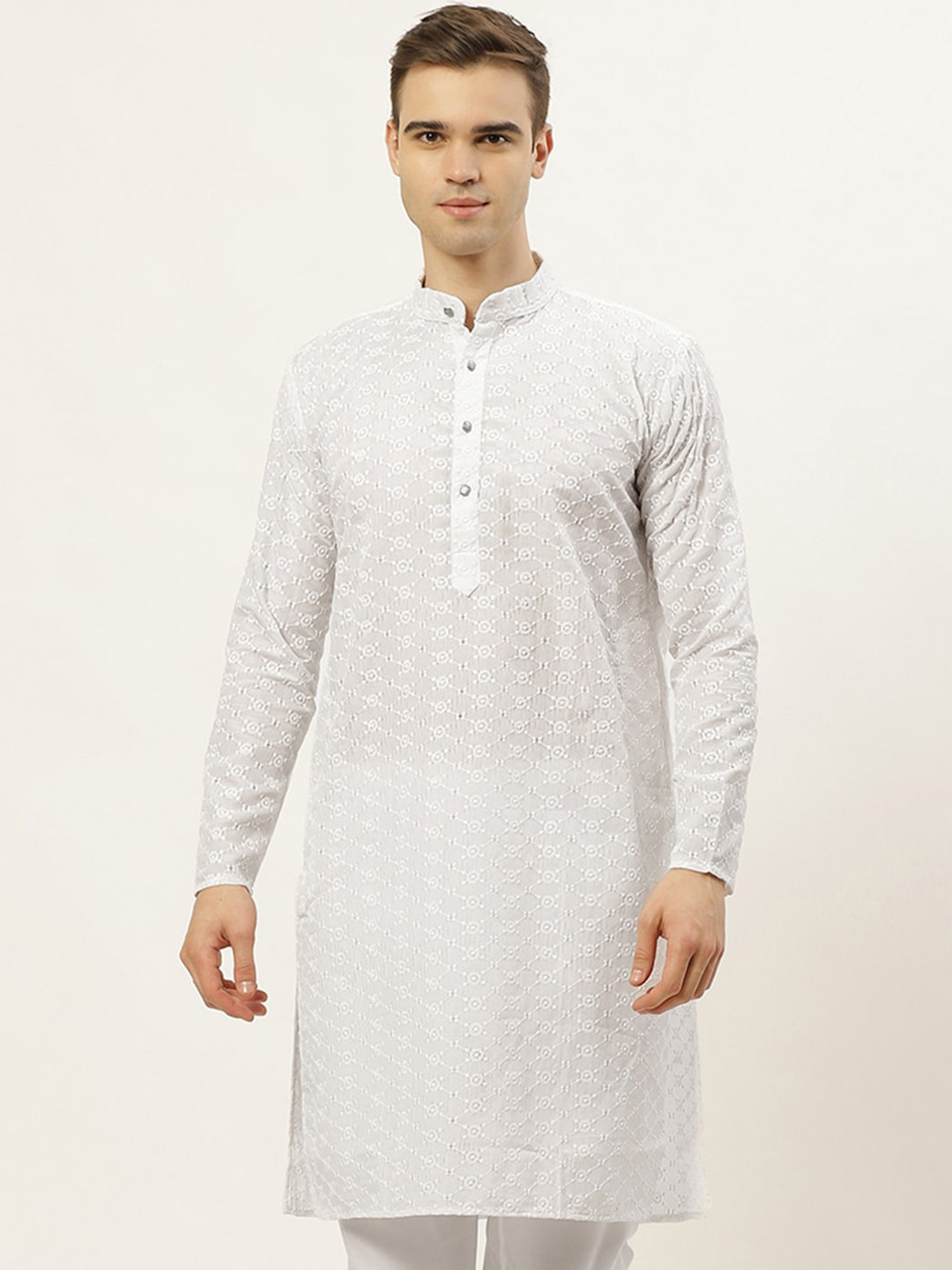 Jompers Men White Floral Embroidered Straight Kurta