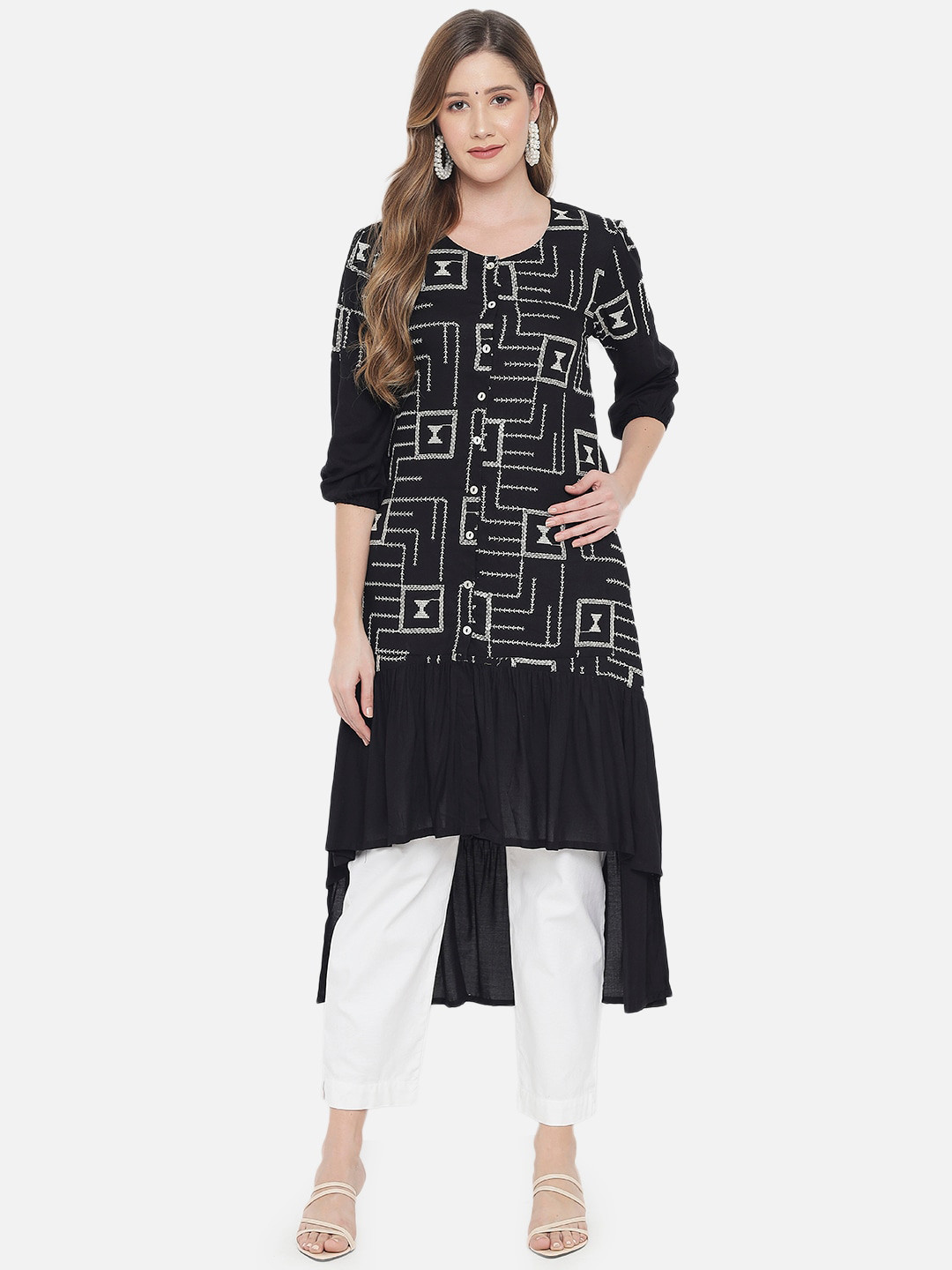 Ramas Women Black Geometric Printed High-Low Kurta
