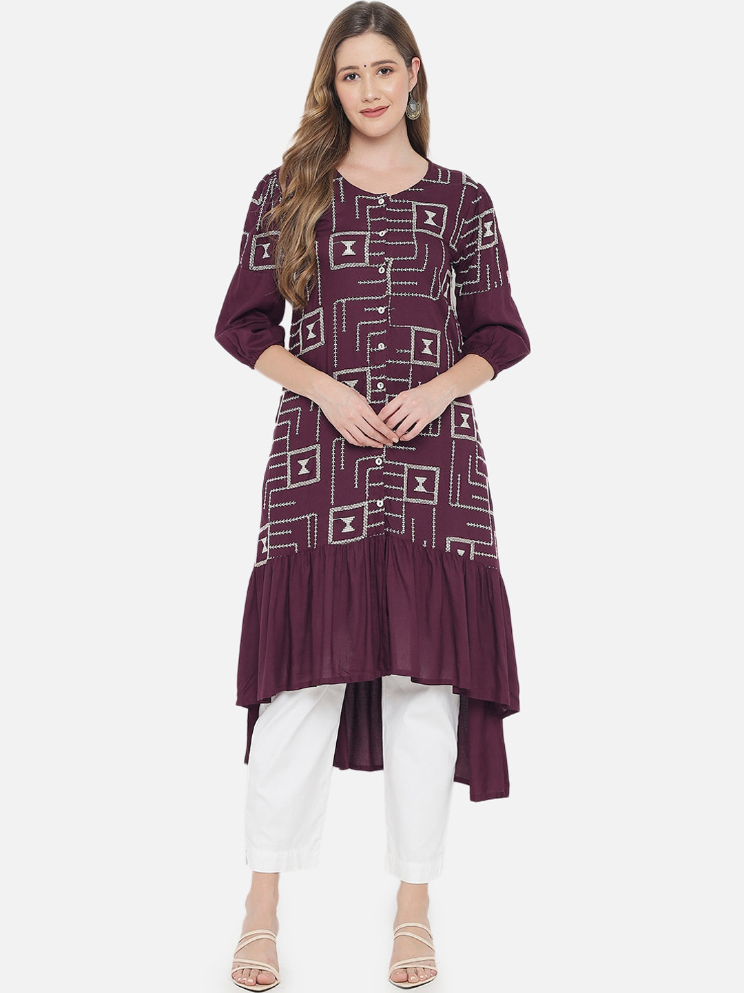 Ramas Women Purple & White Geometric Embroidered Puff Sleeves High-Low A-line Kurta