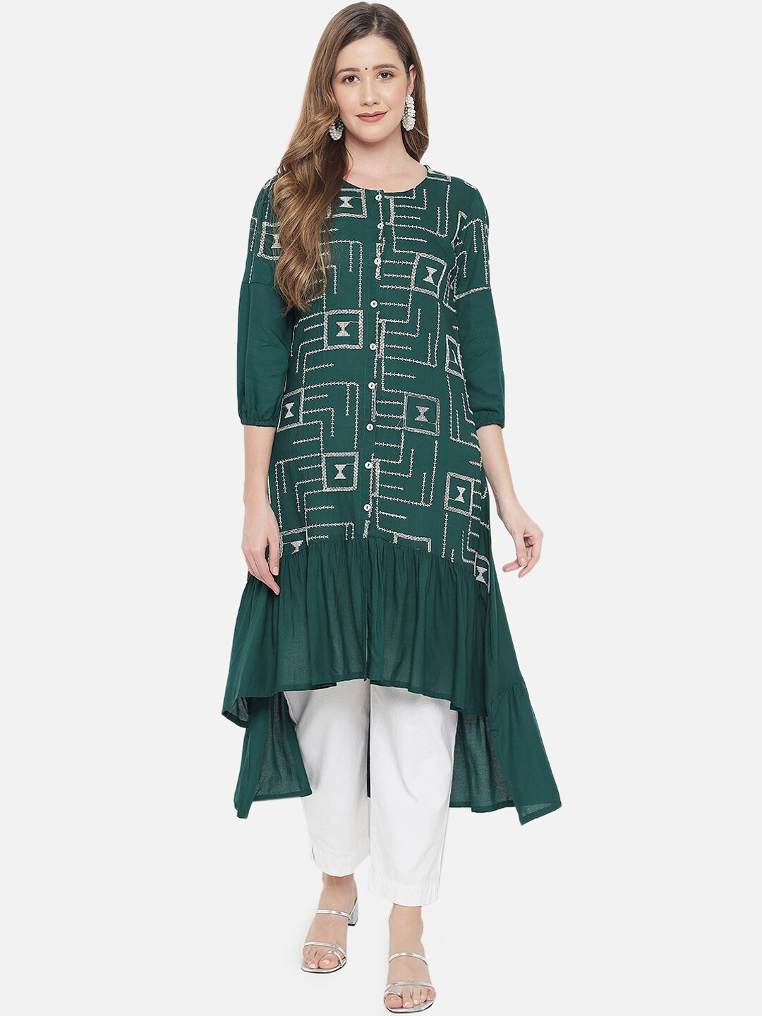 Ramas Women Green & Beige Geometric Kurta