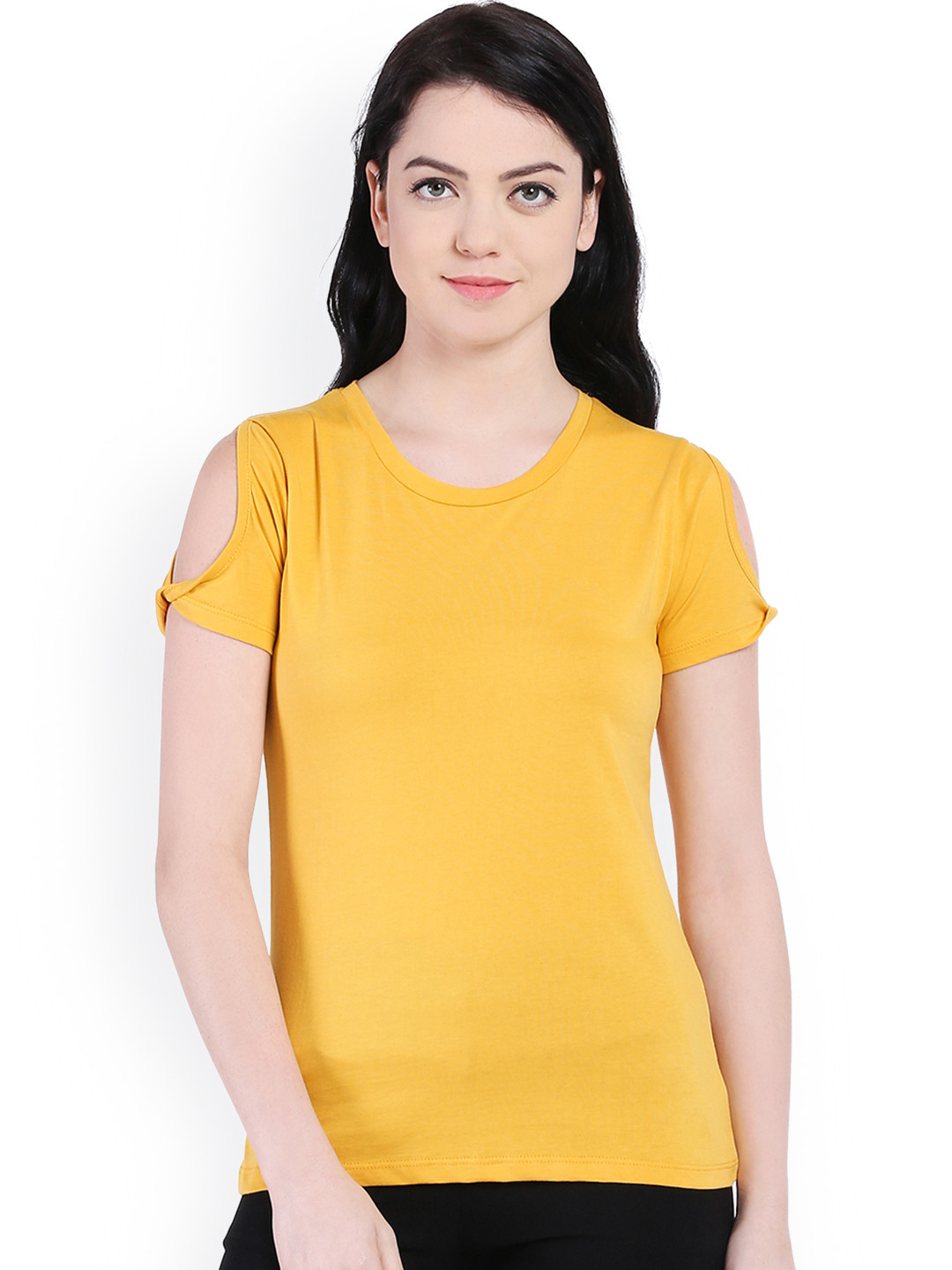Style Quotient Women Mustard Yellow Cold-Shoulder Top