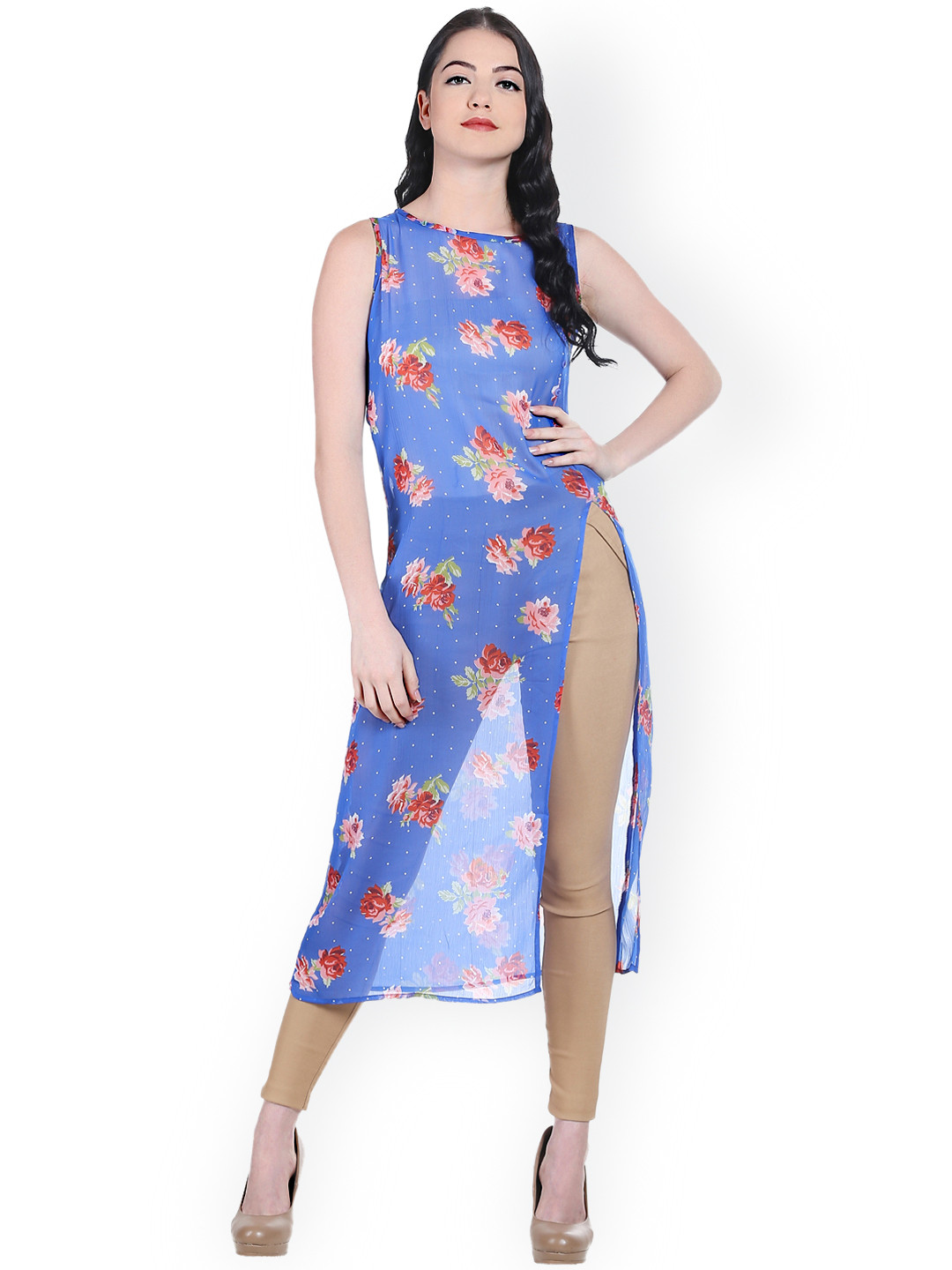 Style Quotient Blue Floral Print Sheer Midi Top