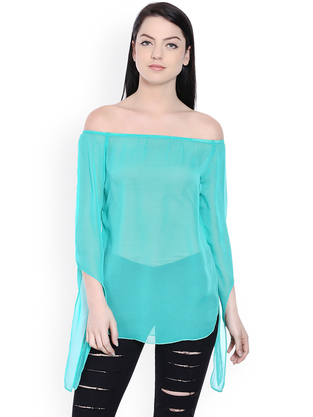 Style Quotient Women Turquoise Blue Solid Sheer Off-Shoulder Top
