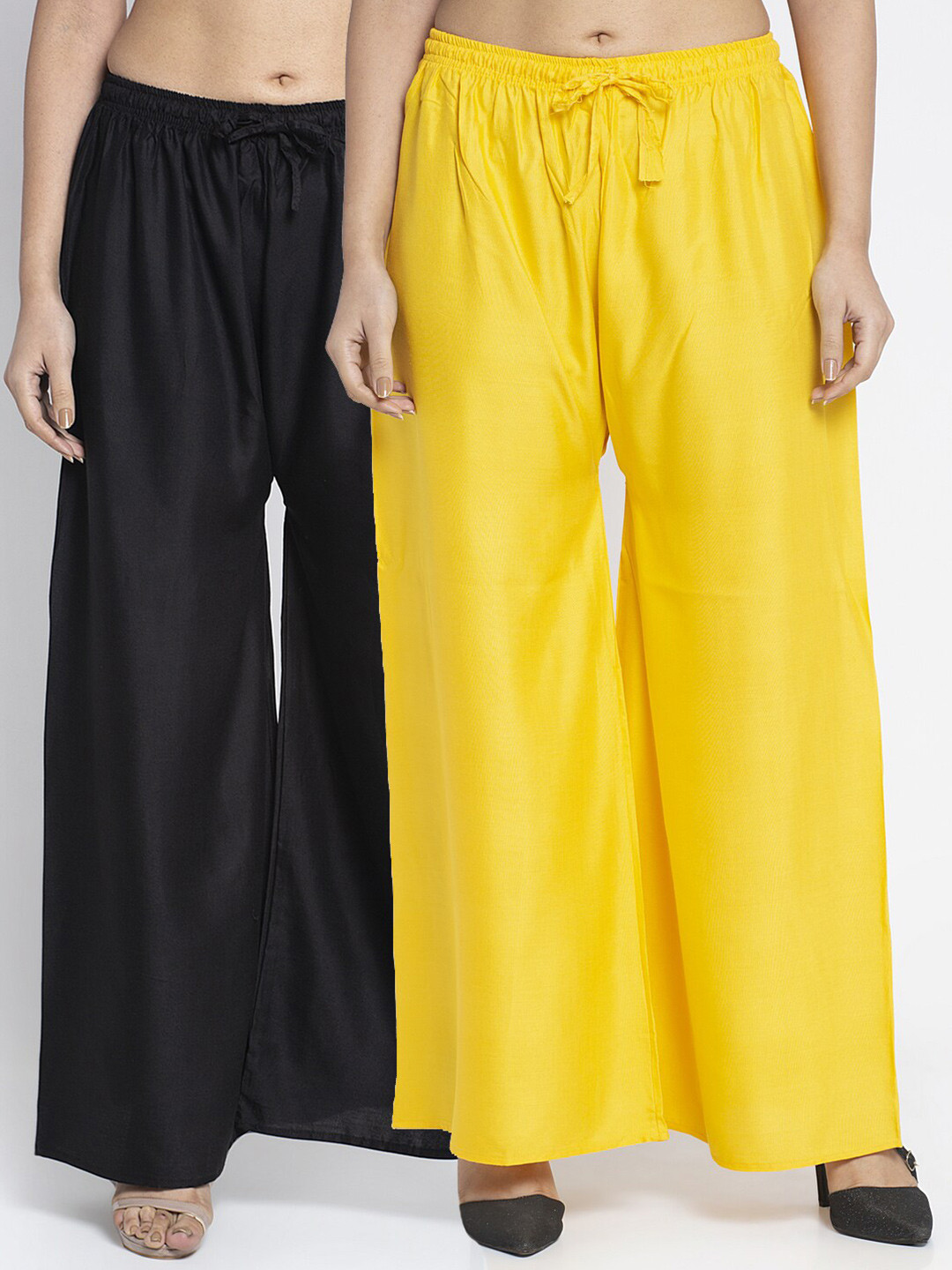 Jinfo Set-2 Women Black & Yellow Flared Knitted Palazzos