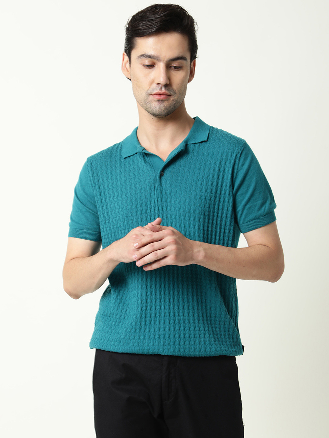 RARE RABBIT Men Teal Polo Collar Pure Cotton Slim Fit T-shirt