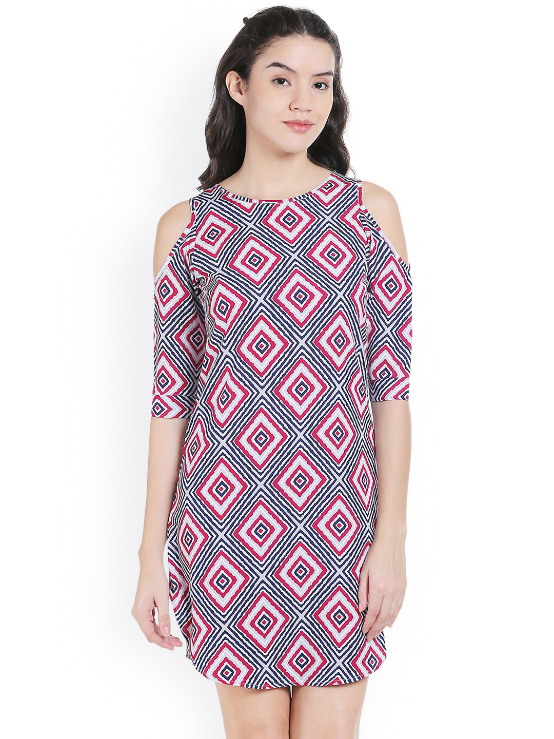 Style Quotient Women Navy Printed A-Line Cold-Shoulder Dress