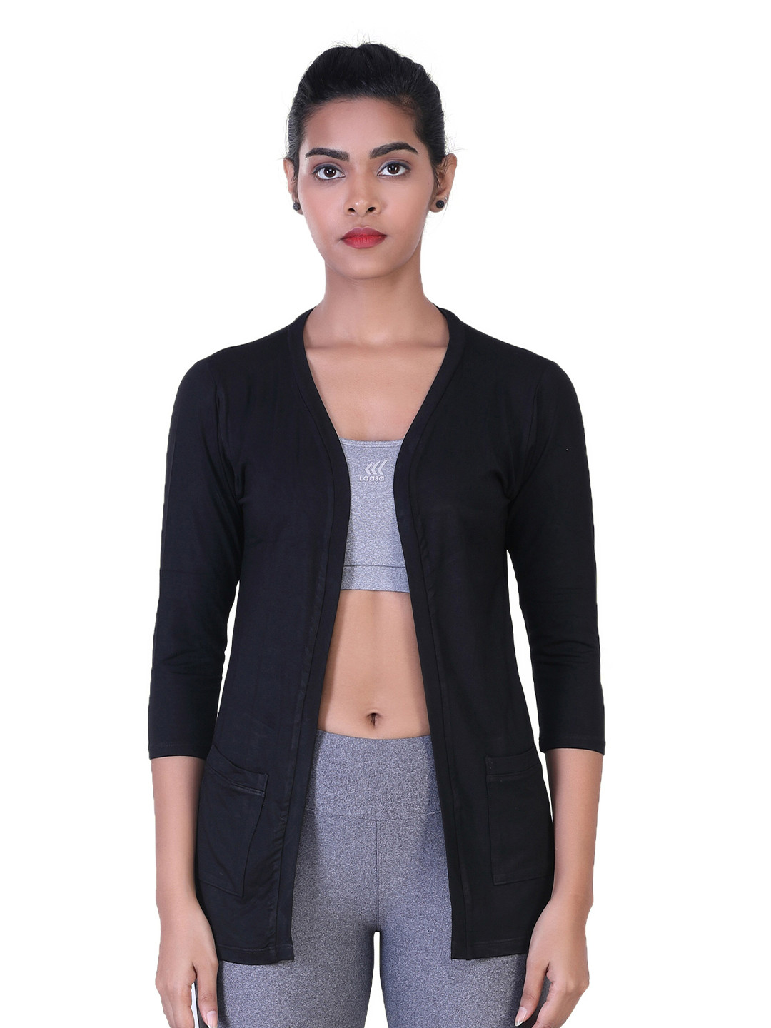 LAASA SPORTS Women Black Open Front Shrug