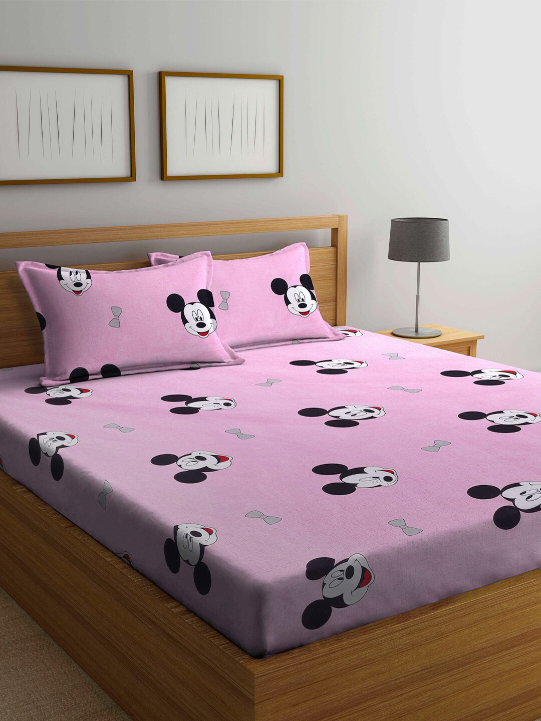 Arrabi Pink Cartoon Characters Polycotton 300 TC King Fine Bedsheet with 2 Pillow Covers-98 x 87 inches