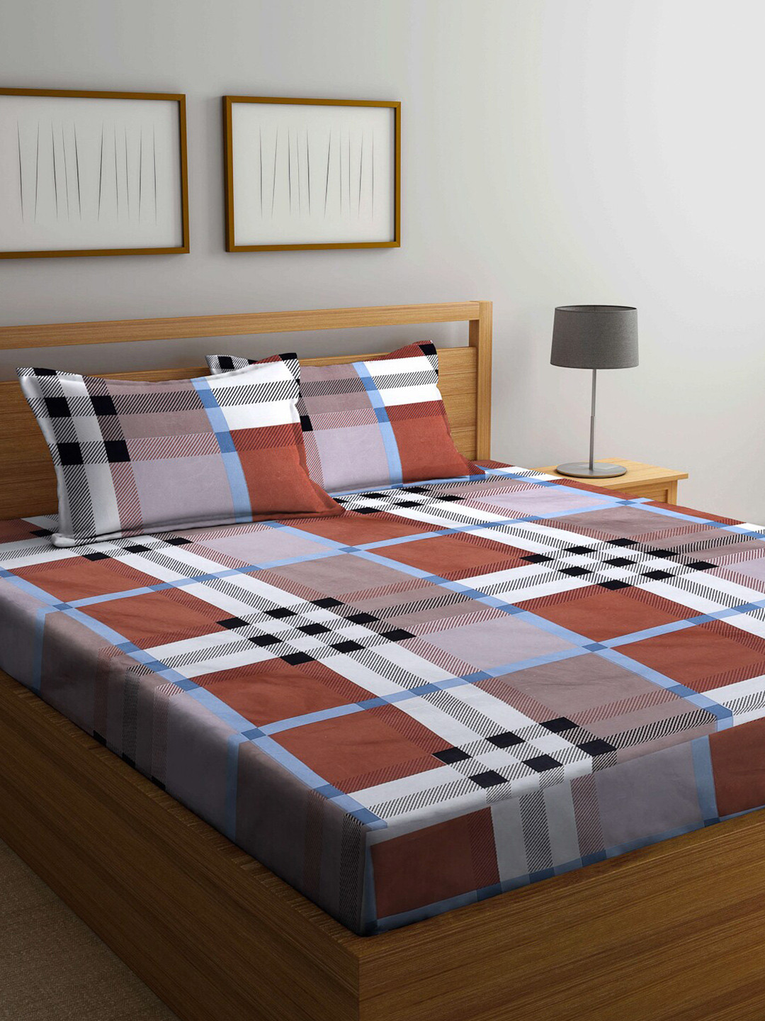Arrabi Multicoloured Checked Cotton 300 TC King Fine Bedsheet with 2 Pillow Covers-98 x 87 inches