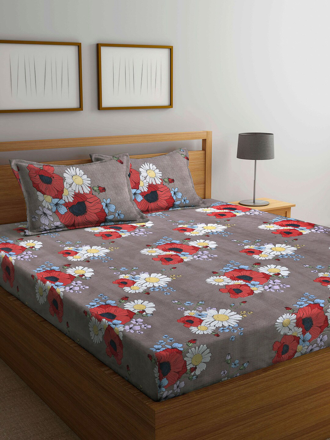 Arrabi Brown Floral Polycotton 300 TC King Fine Bedsheet with 2 Pillow Covers-55 x 60 inches