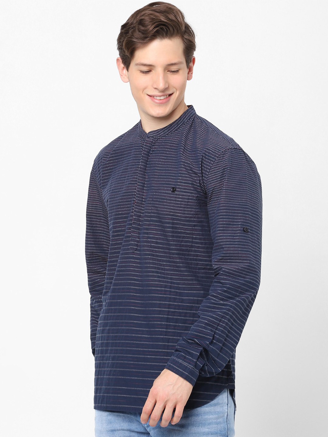Celio Men Navy Blue Slim Fit Horizontal Striped Casual Cotton Shirt